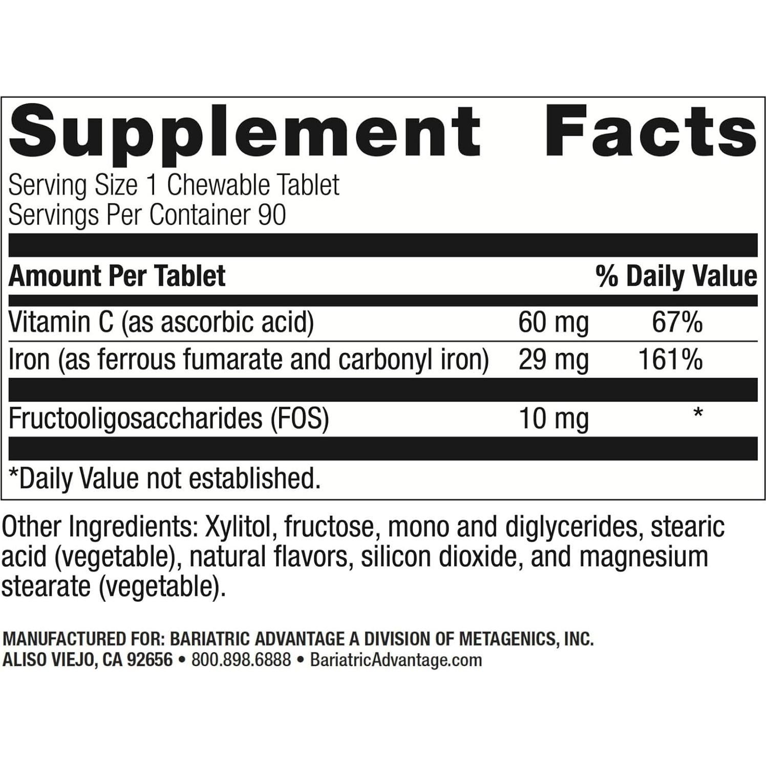 Suplemento de Hierro Masticable Ventaja Bariátrica 29 mg con Vitamina C - 90 Tabletas