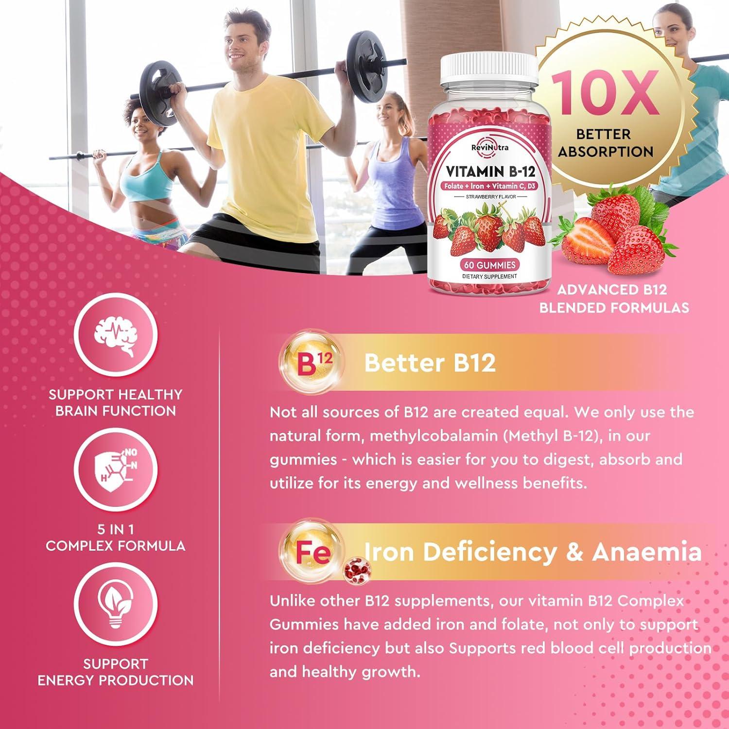 Gomitas de Vitamina B12 ReviNutra 5000 mcg con Hierro y D3