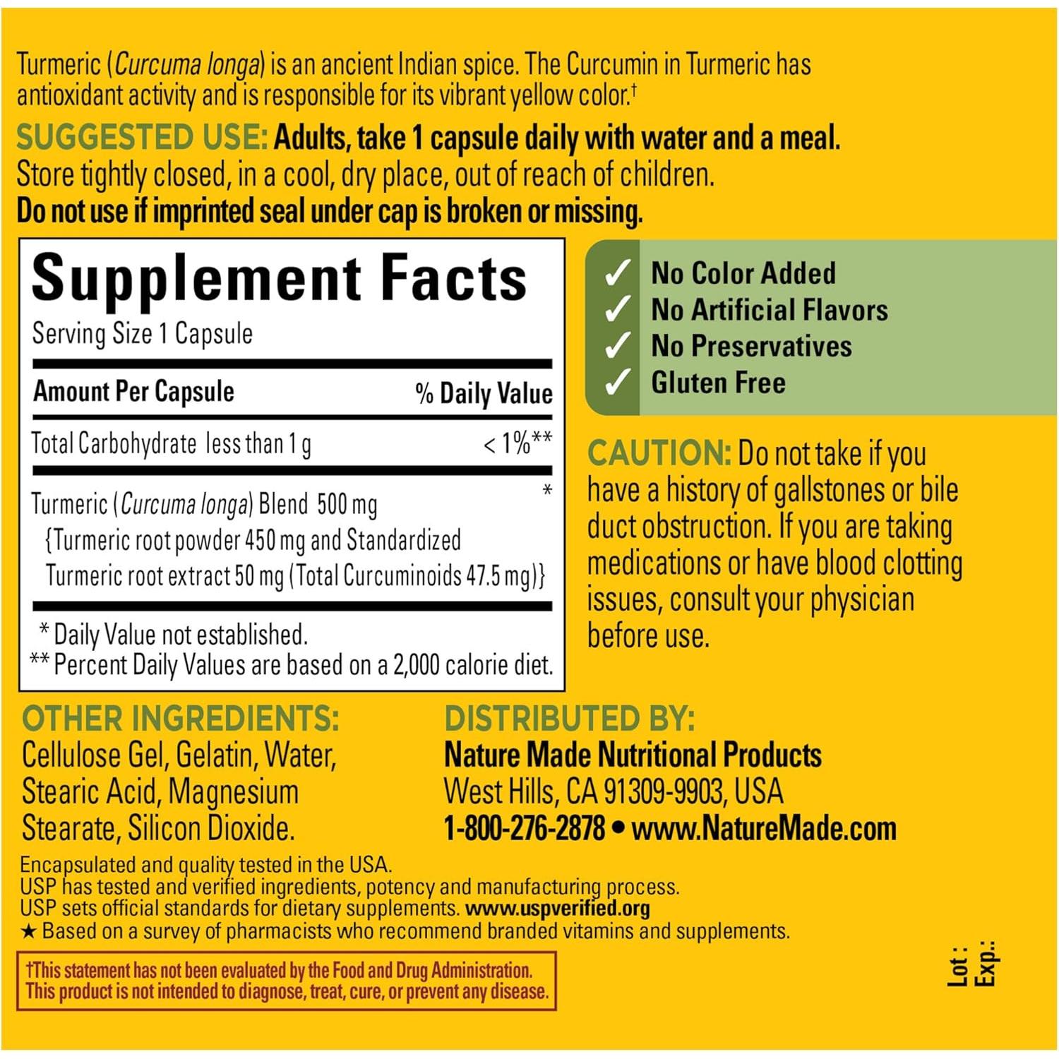 Cápsulas de Cúrcuma Curcumina 500 mg Nature Made - 120 Unidades