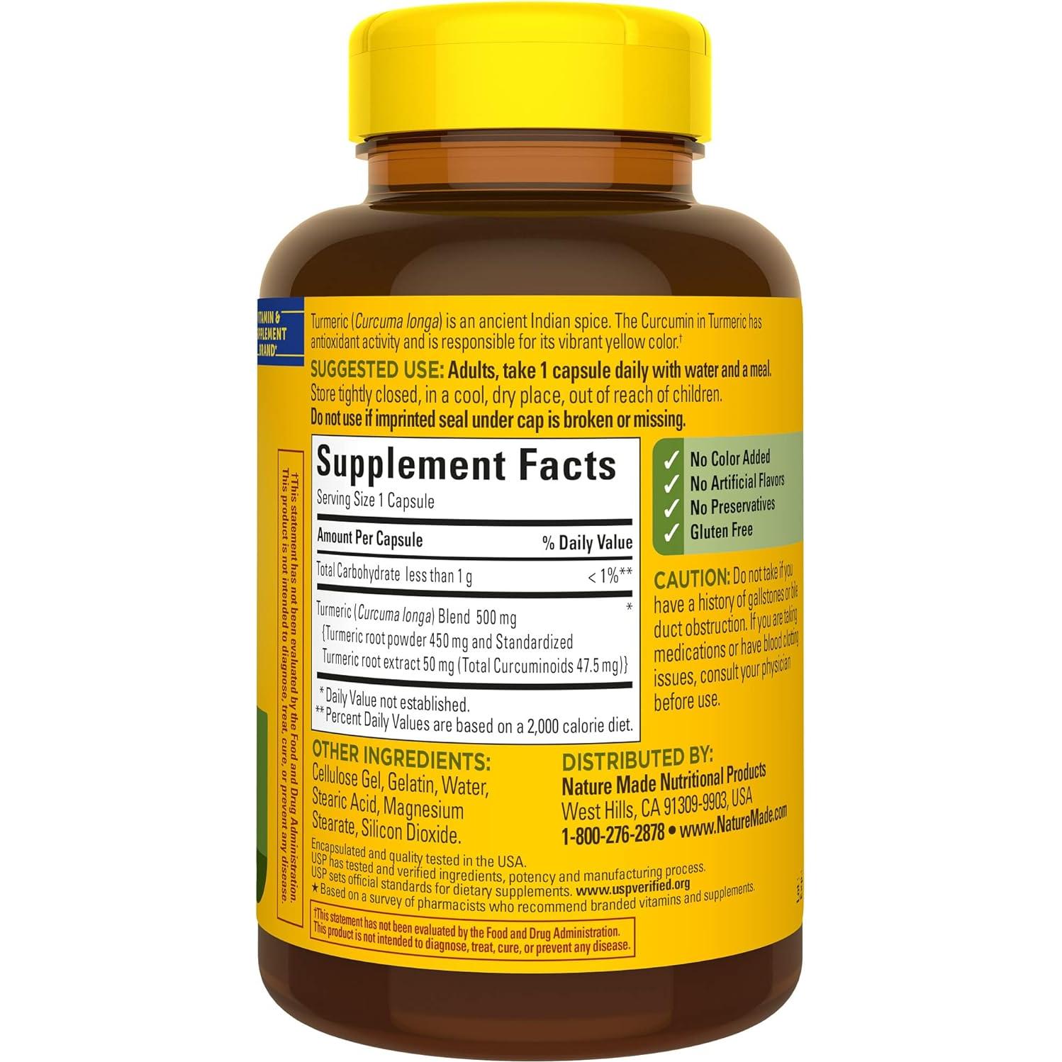 Cápsulas de Cúrcuma Curcumina 500 mg Nature Made - 120 Unidades