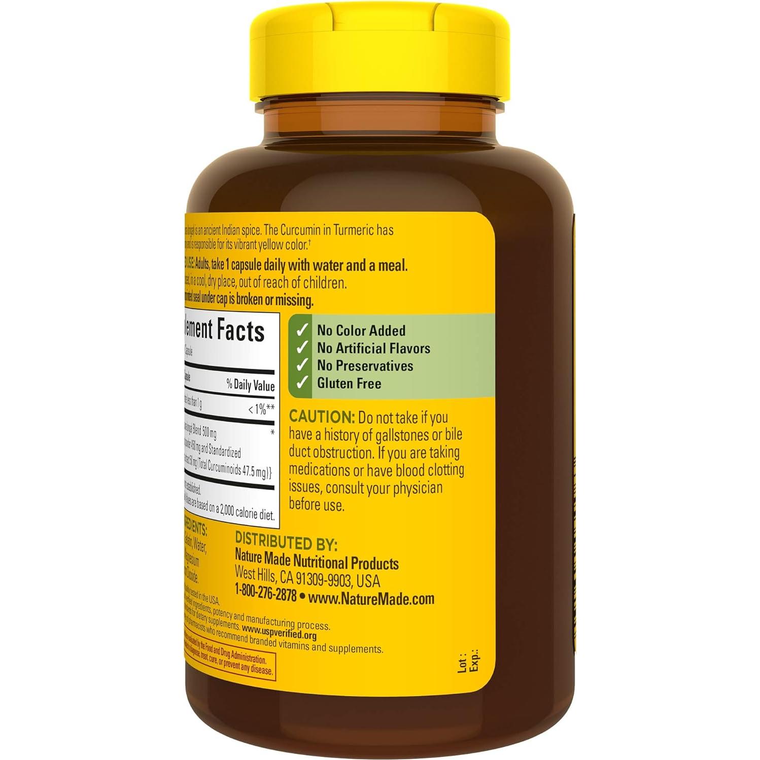 Cápsulas de Cúrcuma Curcumina 500 mg Nature Made - 120 Unidades