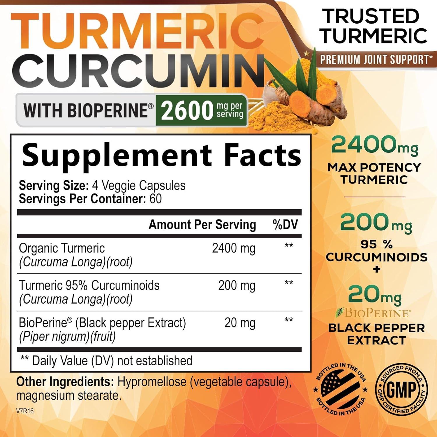 Suplemento de Cúrcuma Curcumina 2600mg con BioPerine 240 Cápsulas