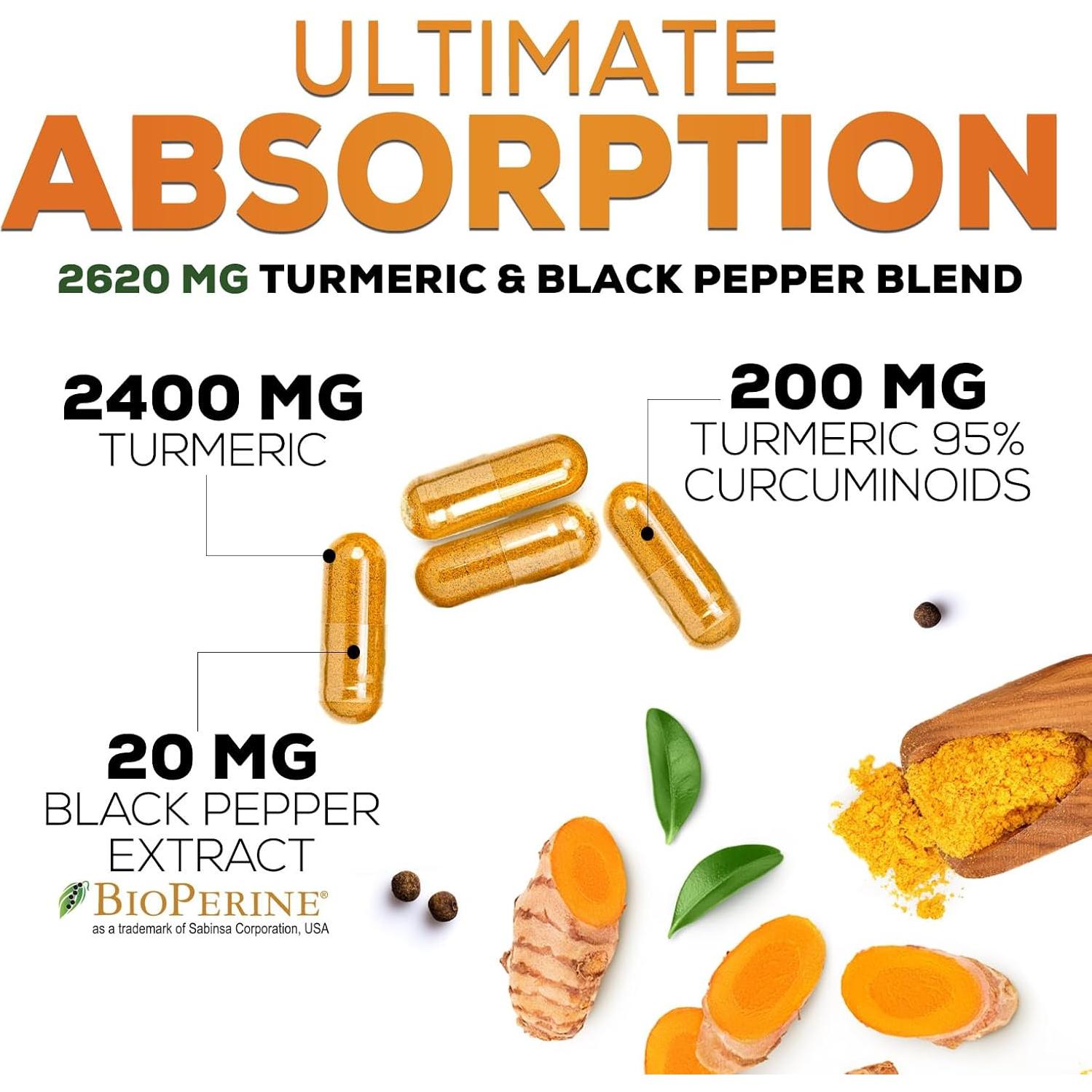 Suplemento de Cúrcuma Curcumina 2600mg con BioPerine 240 Cápsulas