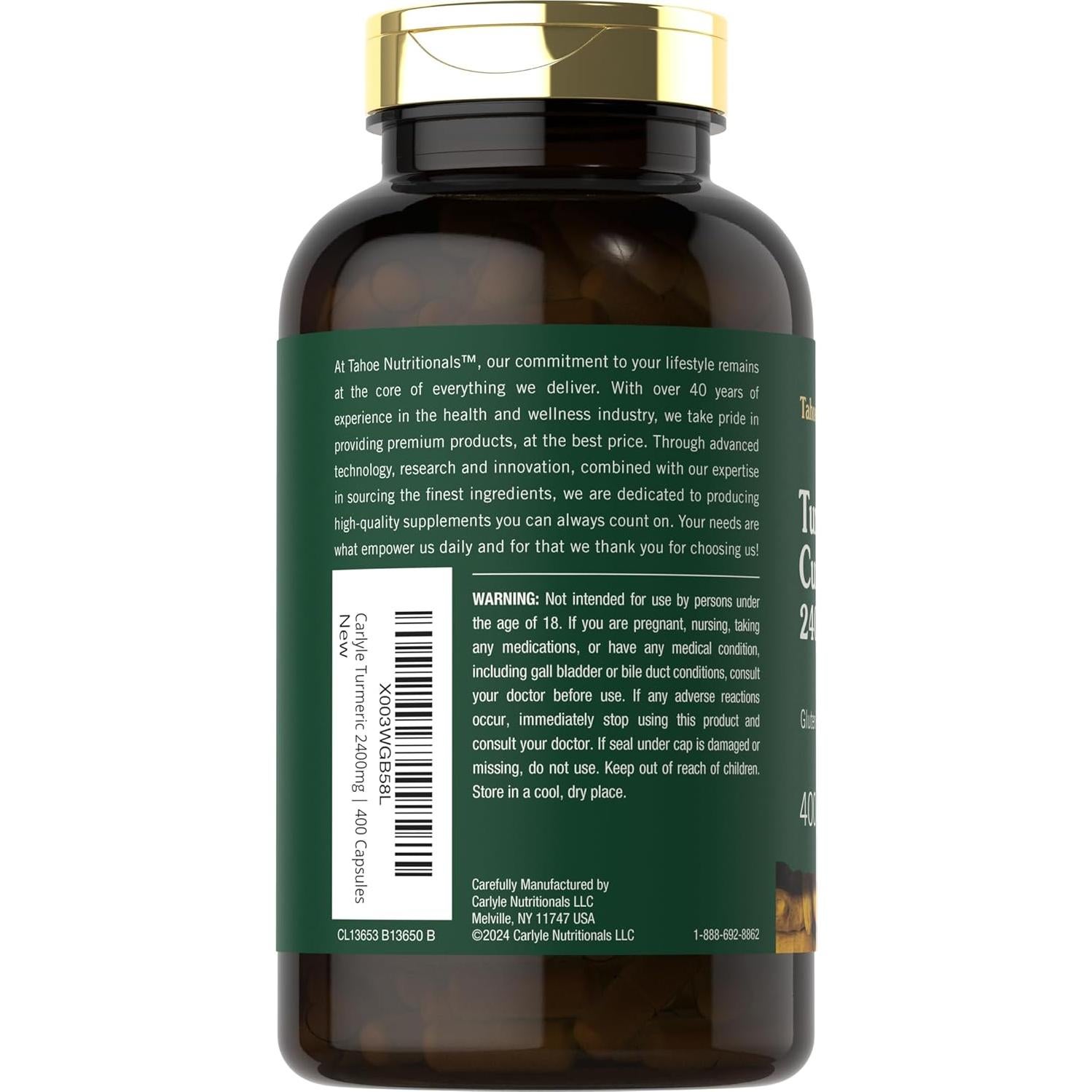 Suplemento de Cúrcuma Curcumina Tahoe Nutritionals 2400mg 400 Cápsulas