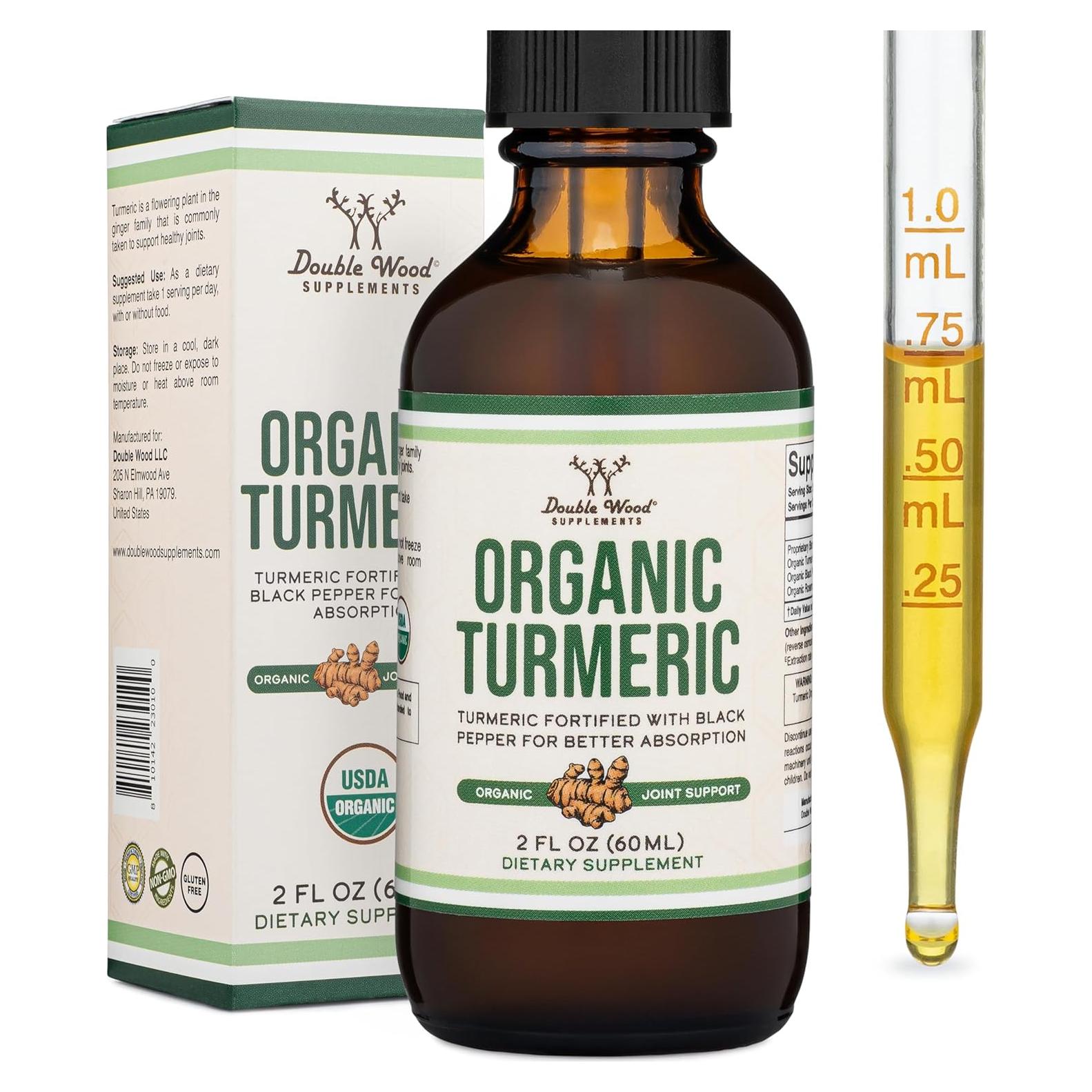 Gotas de Cúrcuma Orgánica Double Wood 60ml - Suplemento con Pimienta Negra