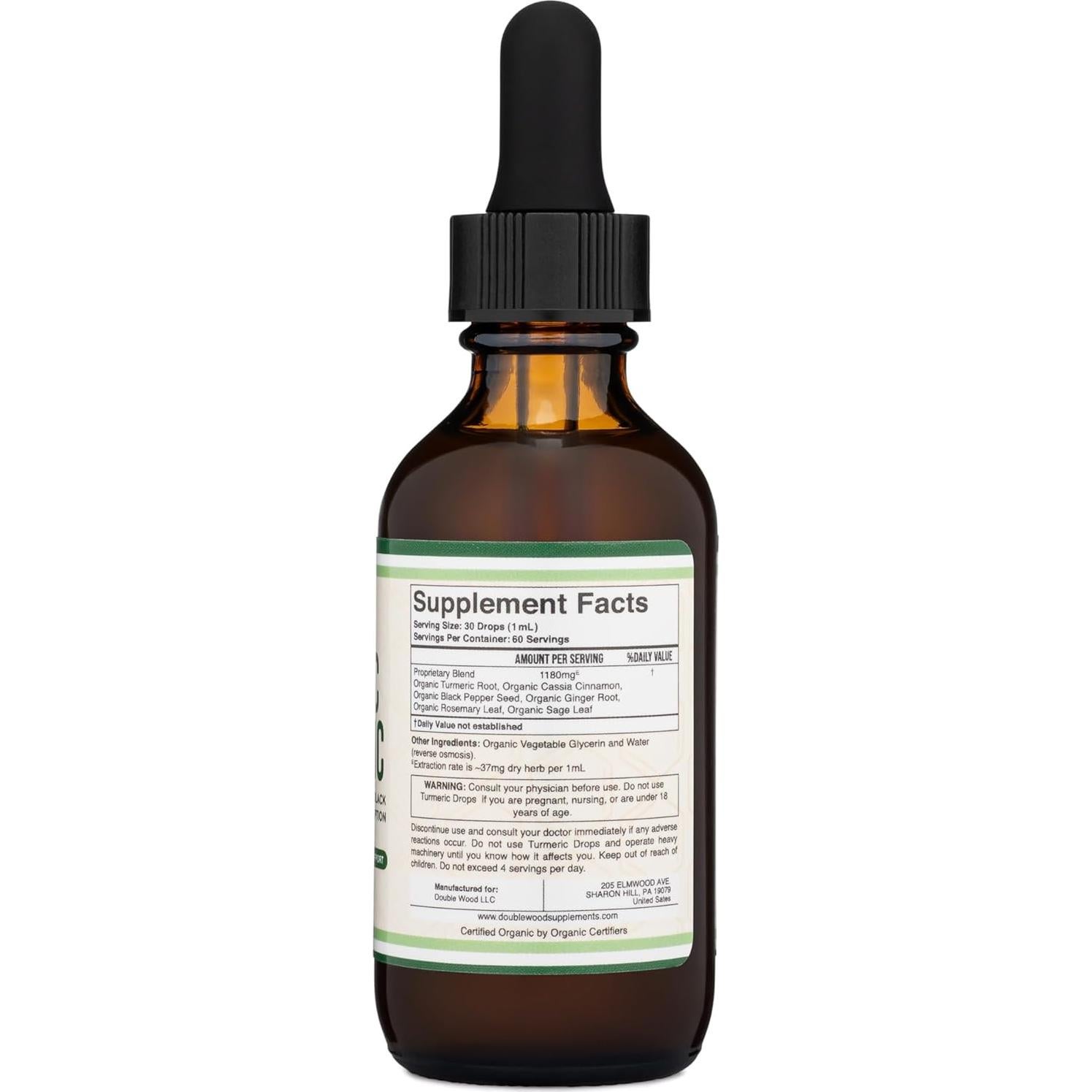 Gotas de Cúrcuma Orgánica Double Wood 60ml - Suplemento con Pimienta Negra