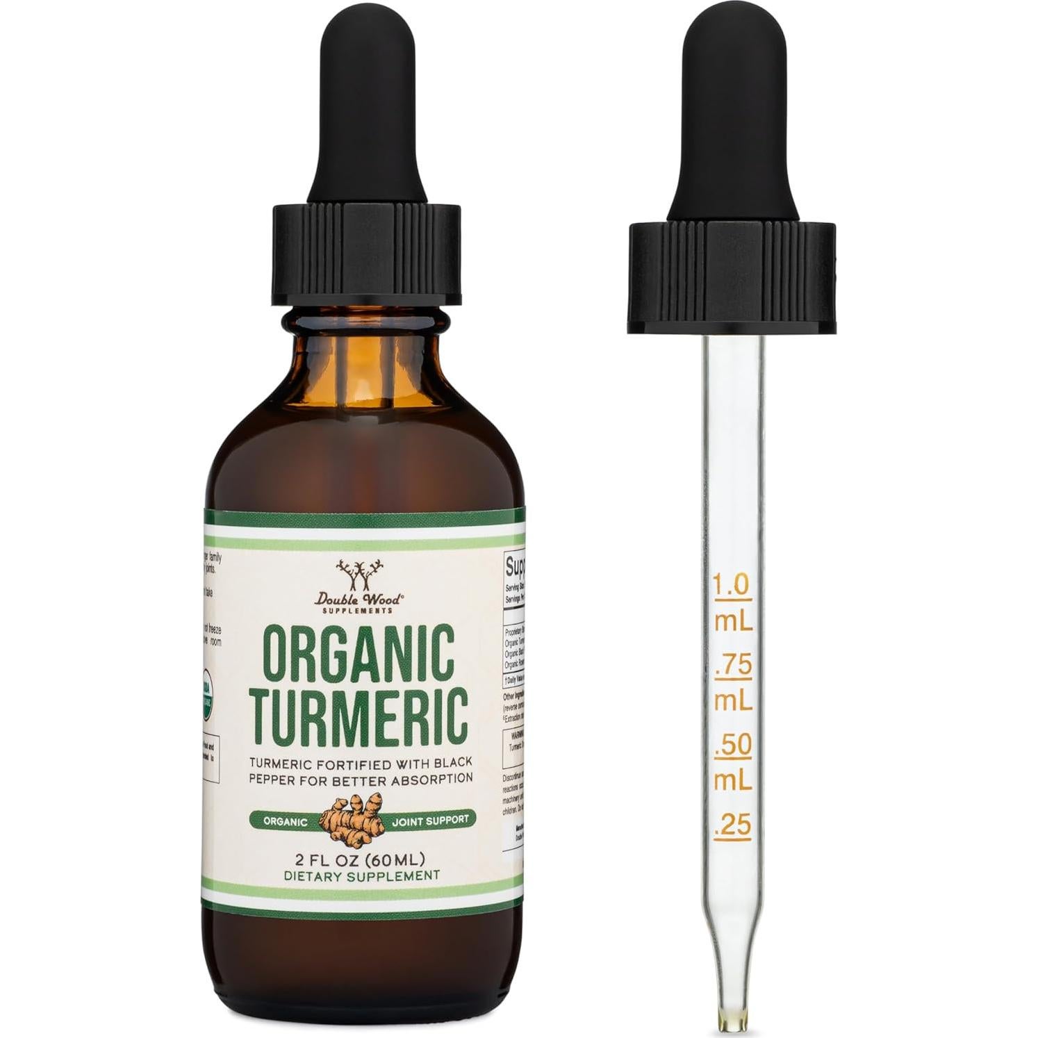 Gotas de Cúrcuma Orgánica Double Wood 60ml - Suplemento con Pimienta Negra