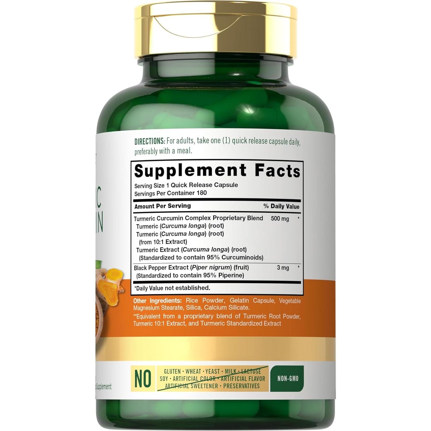 Suplemento de Cúrcuma Curcumina Carlyle 500 mg 180 Cápsulas