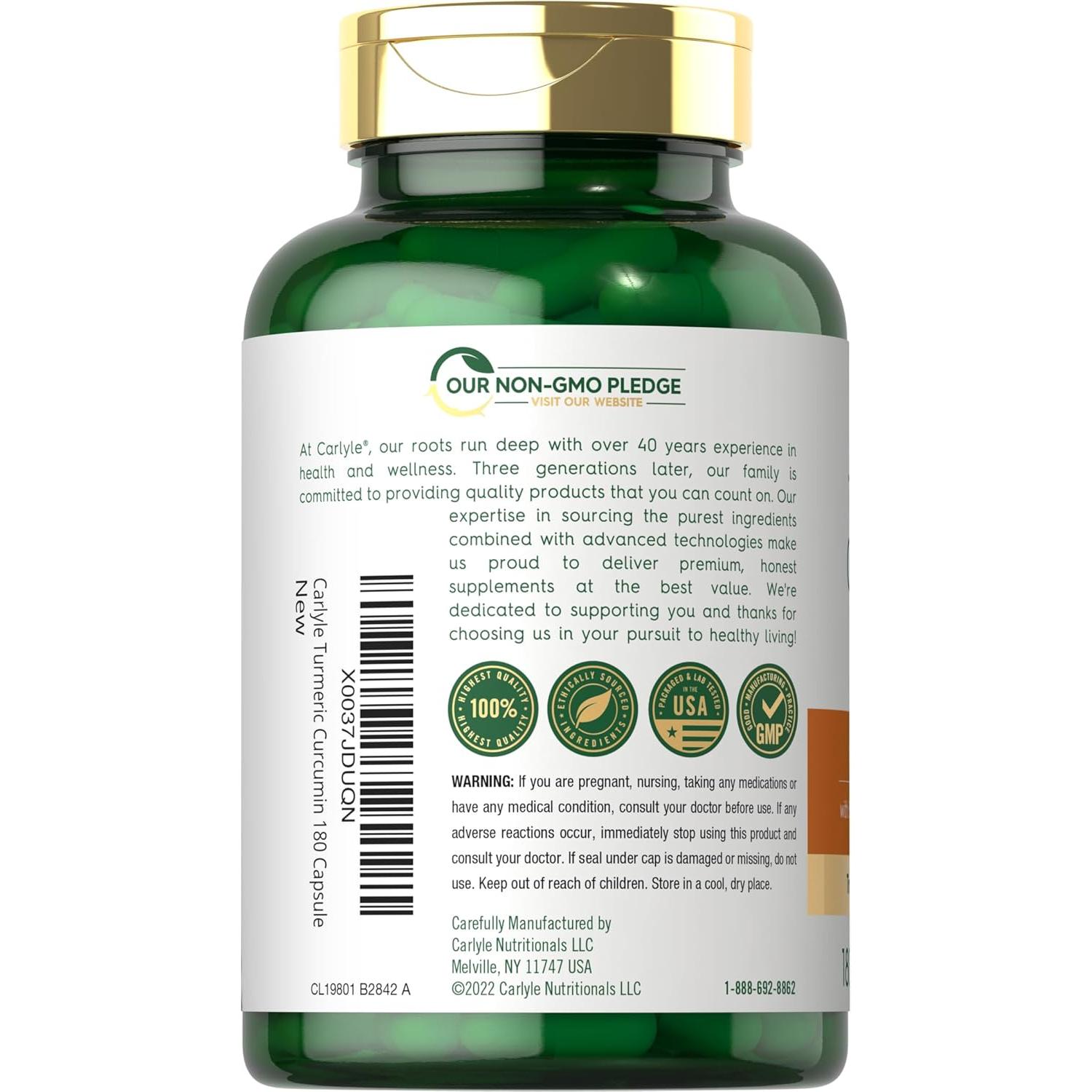 Suplemento de Cúrcuma Curcumina Carlyle 500 mg 180 Cápsulas