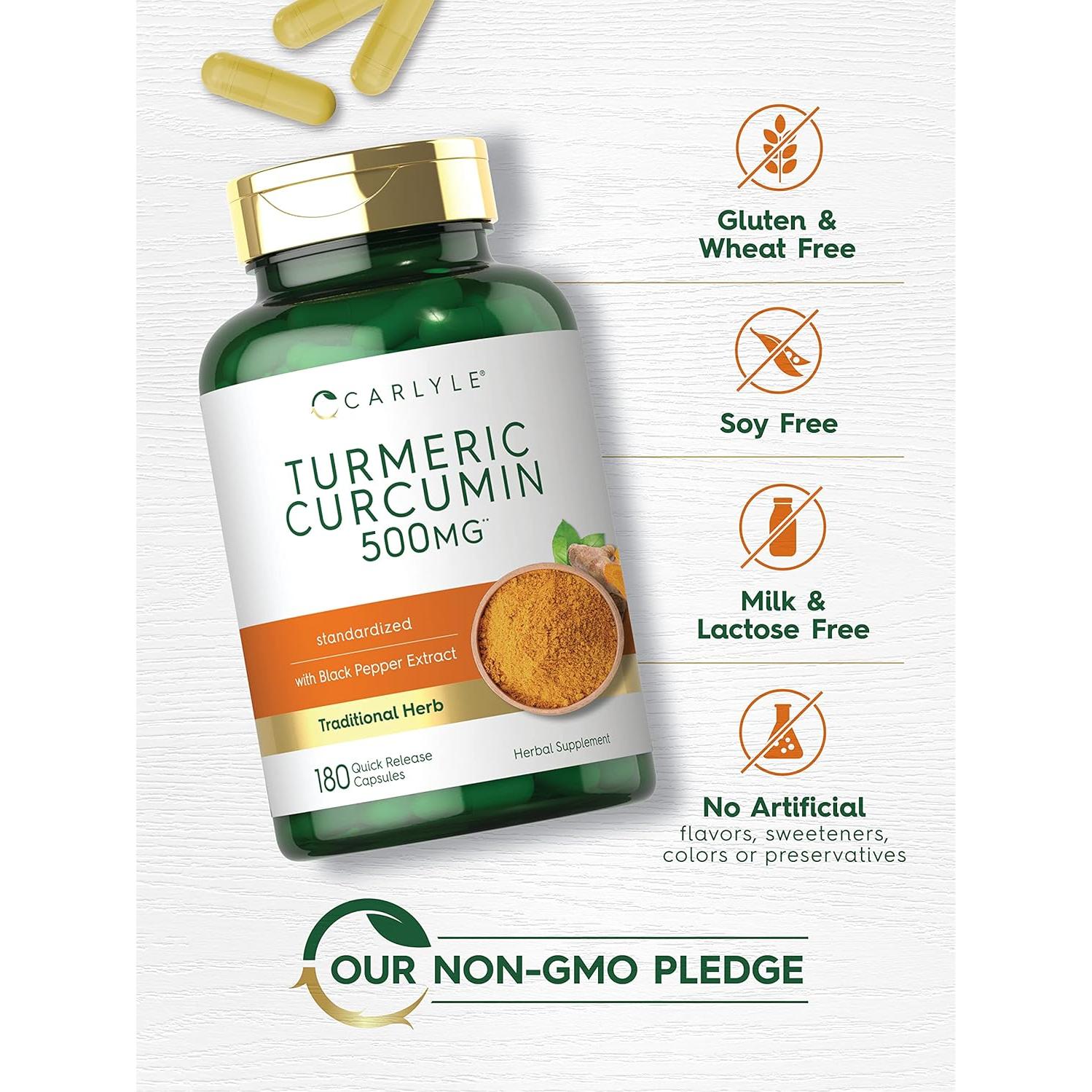 Suplemento de Cúrcuma Curcumina Carlyle 500 mg 180 Cápsulas