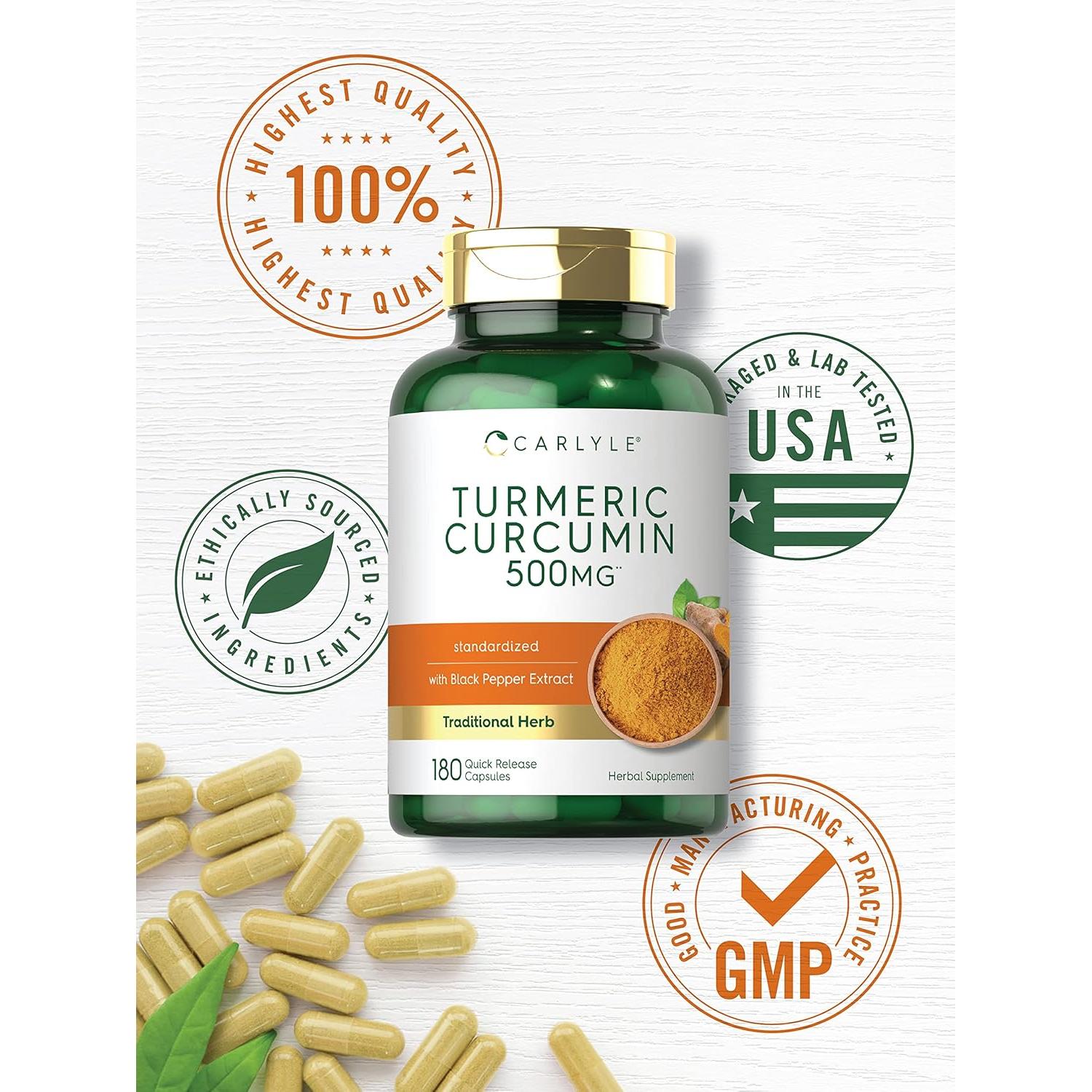 Suplemento de Cúrcuma Curcumina Carlyle 500 mg 180 Cápsulas