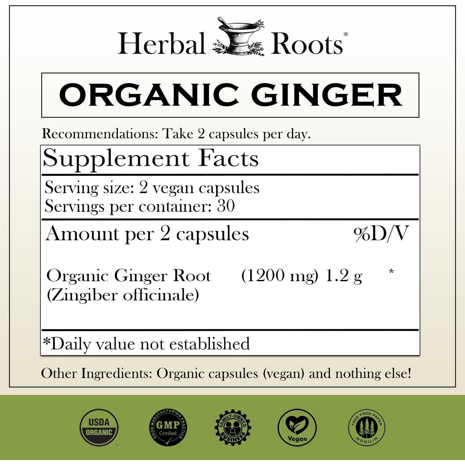Suplemento de Jengibre Orgánico Herbal Roots | 1200 mg | 60 Cápsulas Veganas