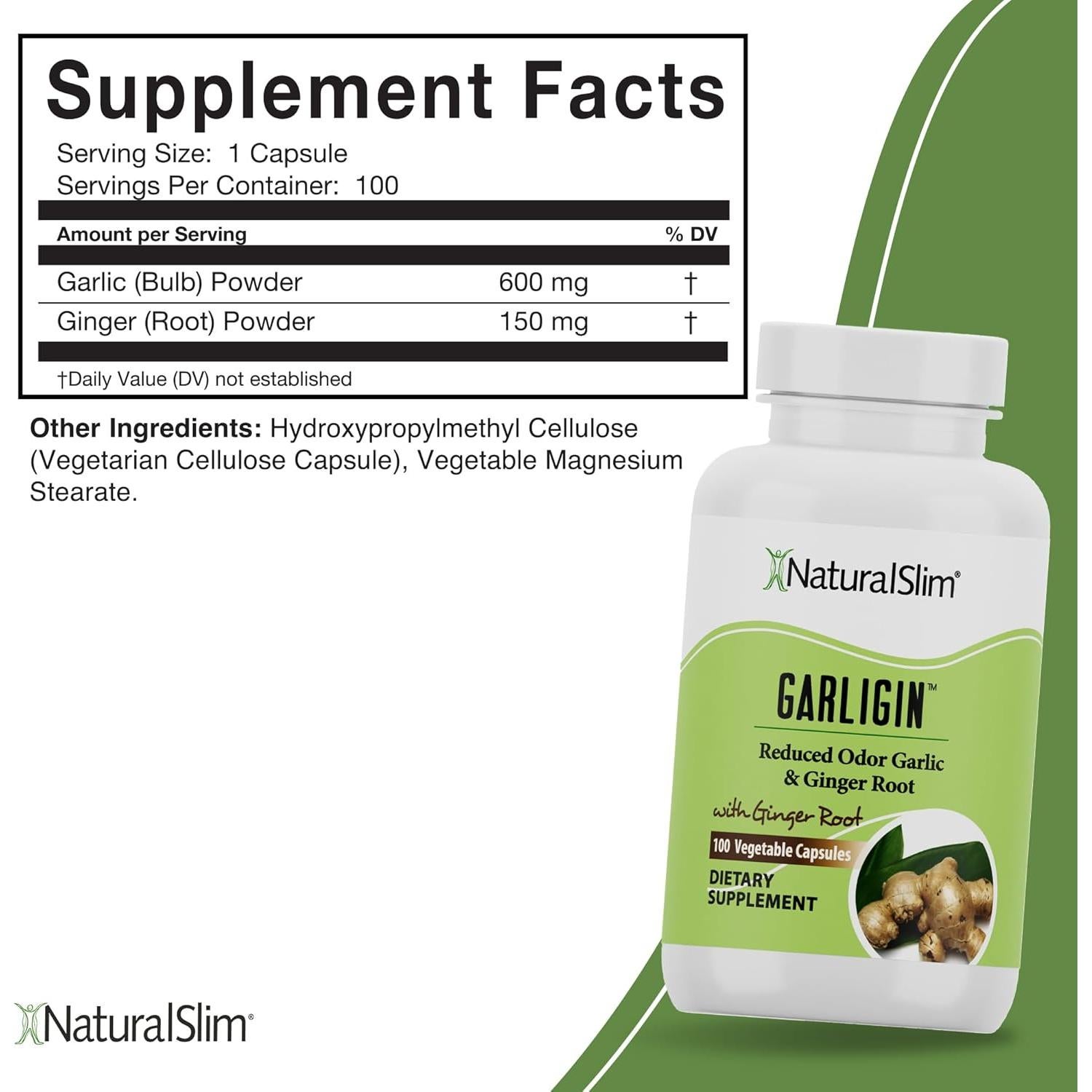 Suplemento de Ajo Sin Olor NaturalSlim Garligin con Jengibre - 100 Cápsulas