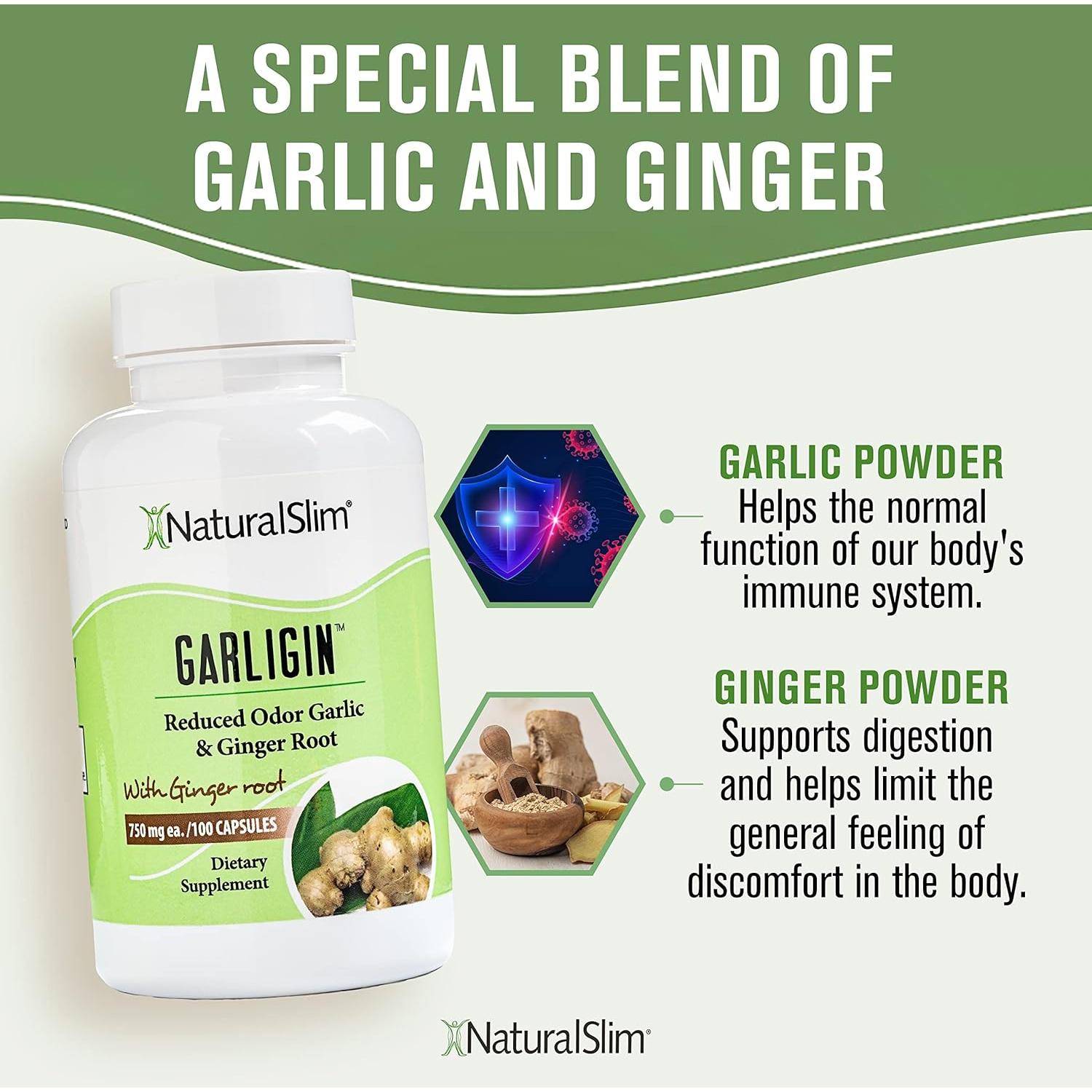 Suplemento de Ajo Sin Olor NaturalSlim Garligin con Jengibre - 100 Cápsulas