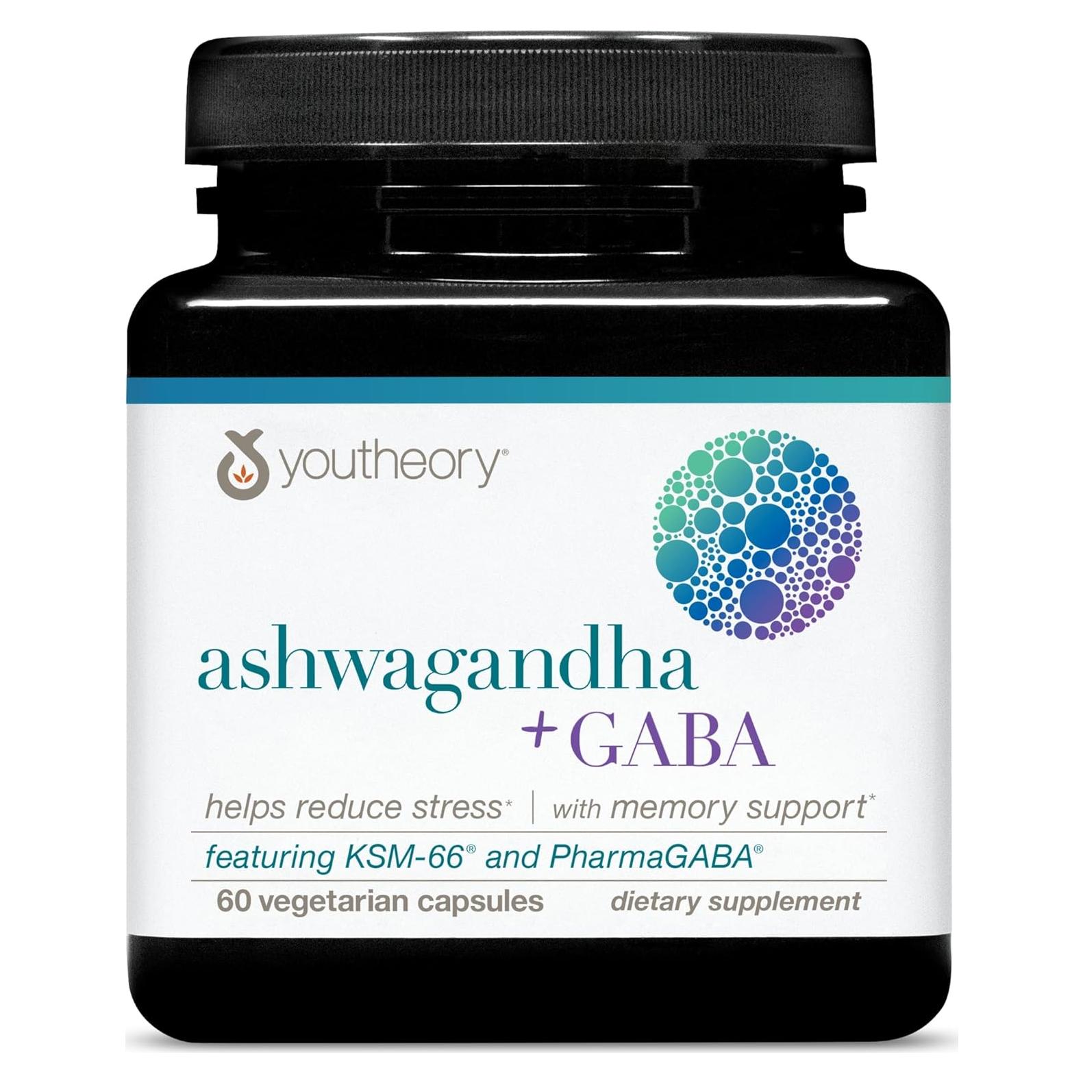 Suplemento Youtheory Ashwagandha + GABA 1000 mg - 60 Cápsulas