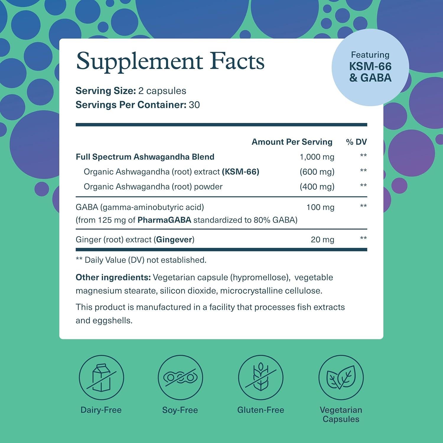Suplemento Youtheory Ashwagandha + GABA 1000 mg - 60 Cápsulas