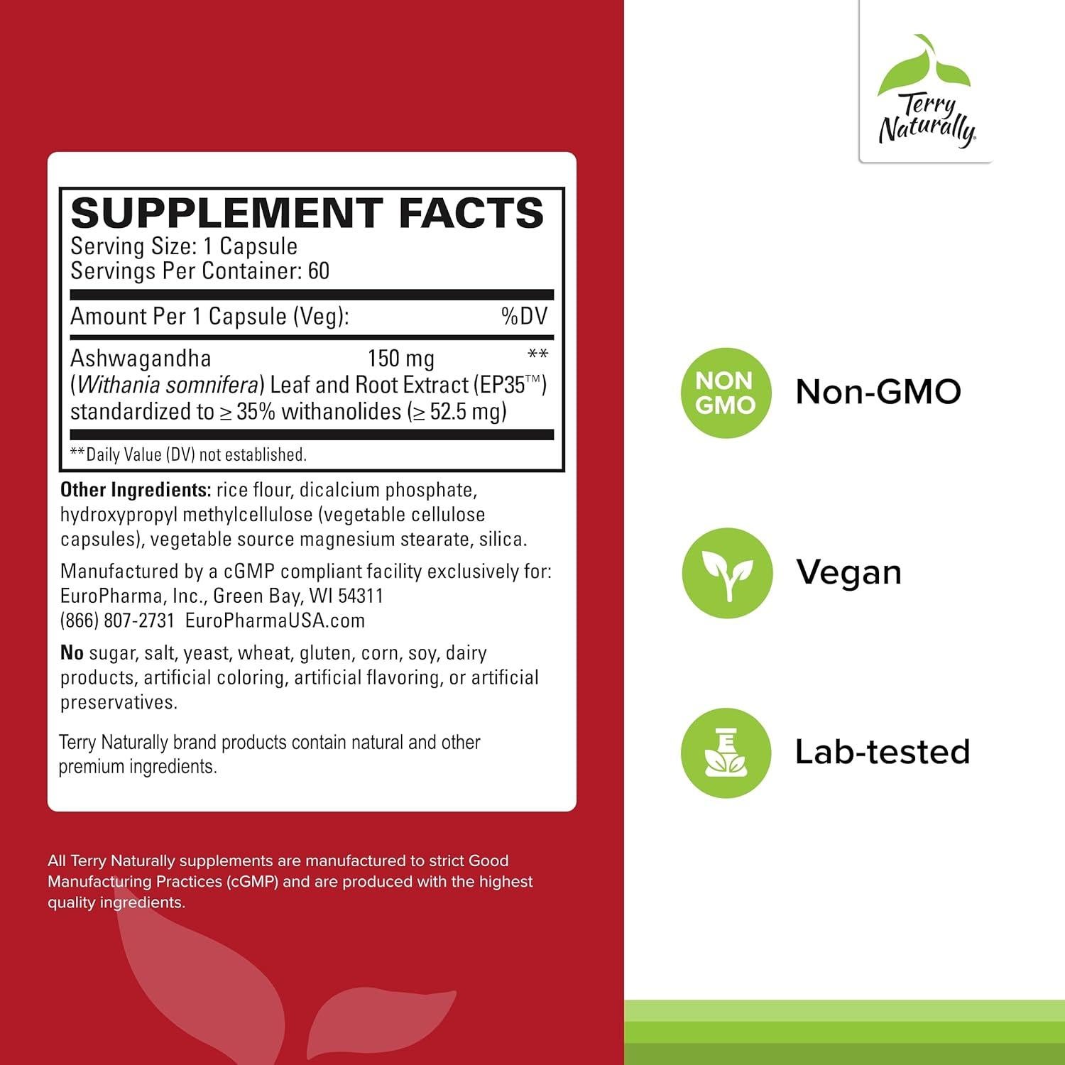 Suplemento Herbal Terry Naturally Ashwagandha EP35 - 60 Cápsulas