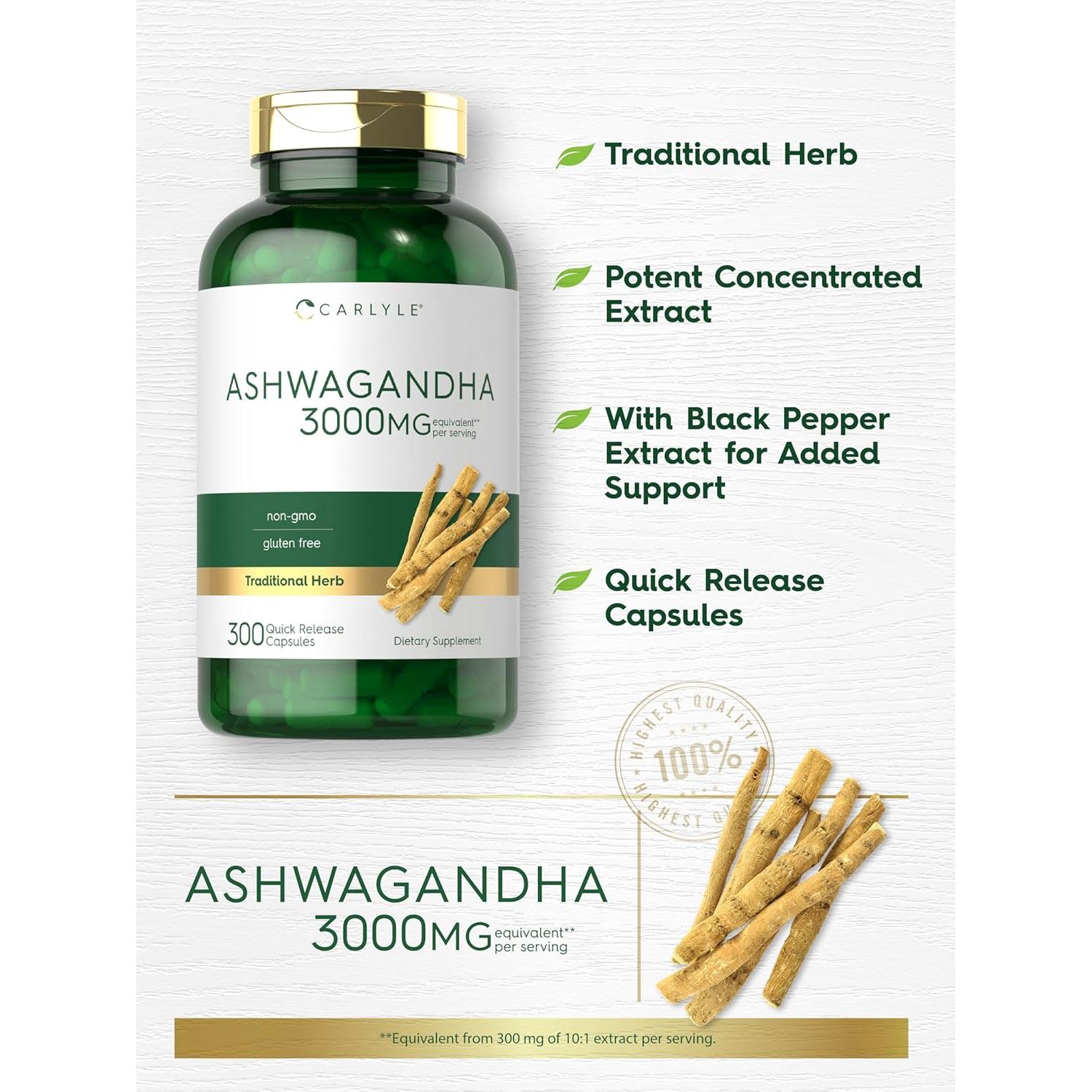 Suplemento de Ashwagandha Carlyle 3000mg 300 Cápsulas Sin OGM