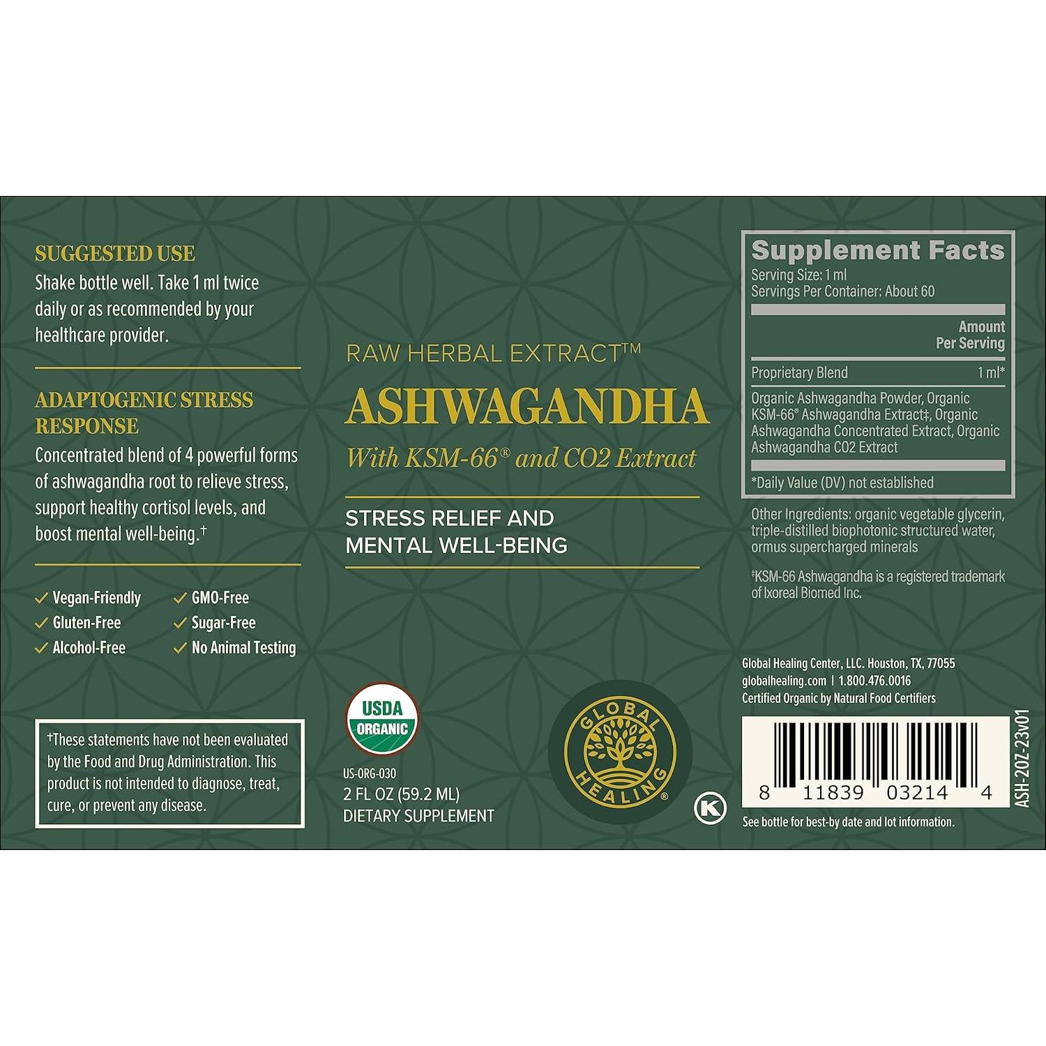 Gotas de Ashwagandha Orgánico KSM-66 Centro de Sanación 59.15 ml