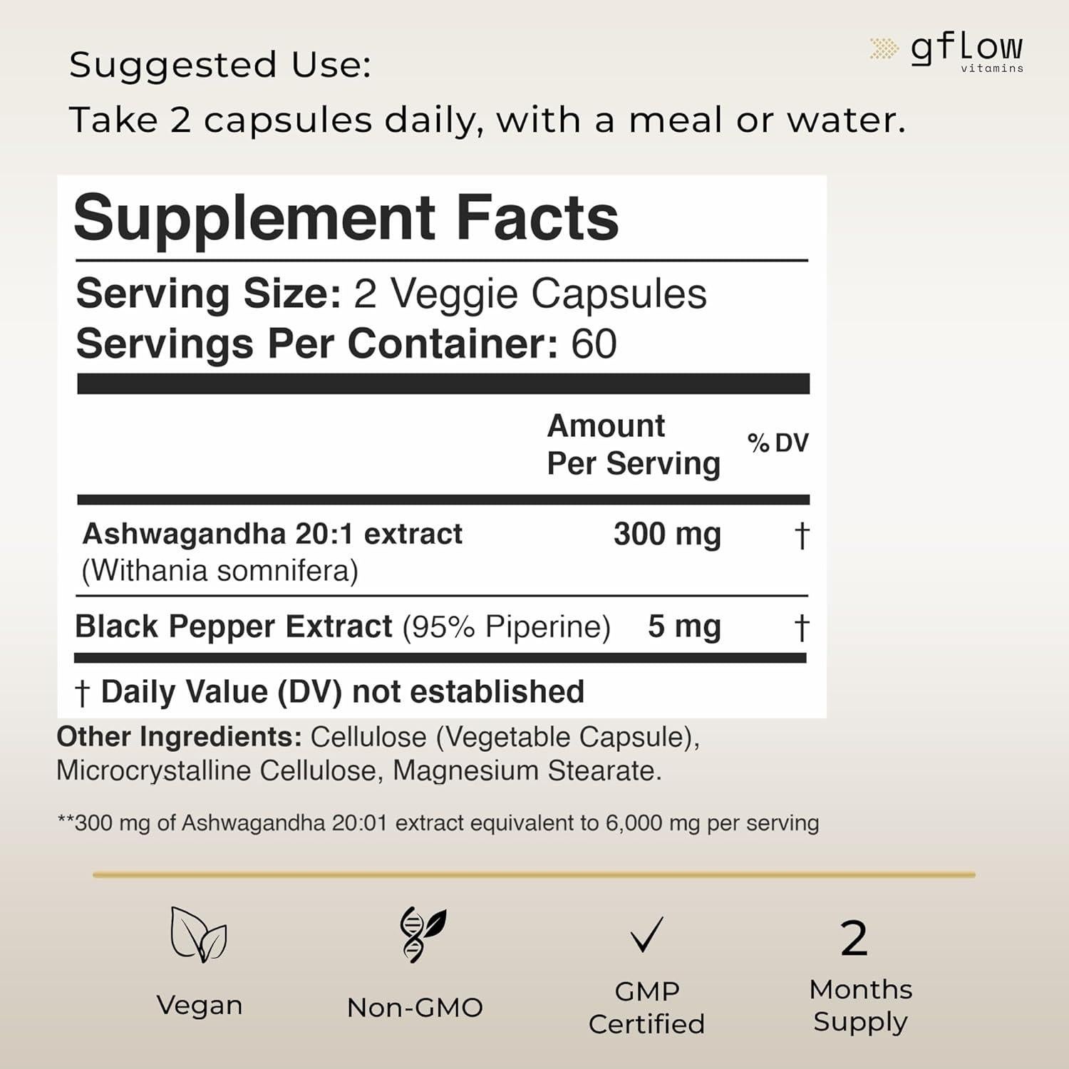 Suplemento de Ashwagandha Gflow 300 mg - 60 Cápsulas Veganas
