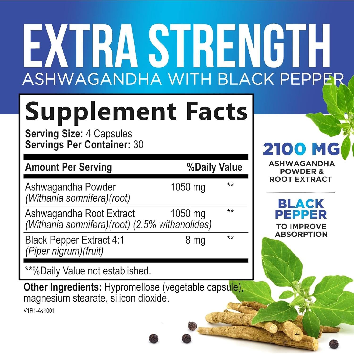 Suplemento de Ashwagandha 2100mg Health Nutrition Naturals - 120 Cápsulas Vegetarianas
