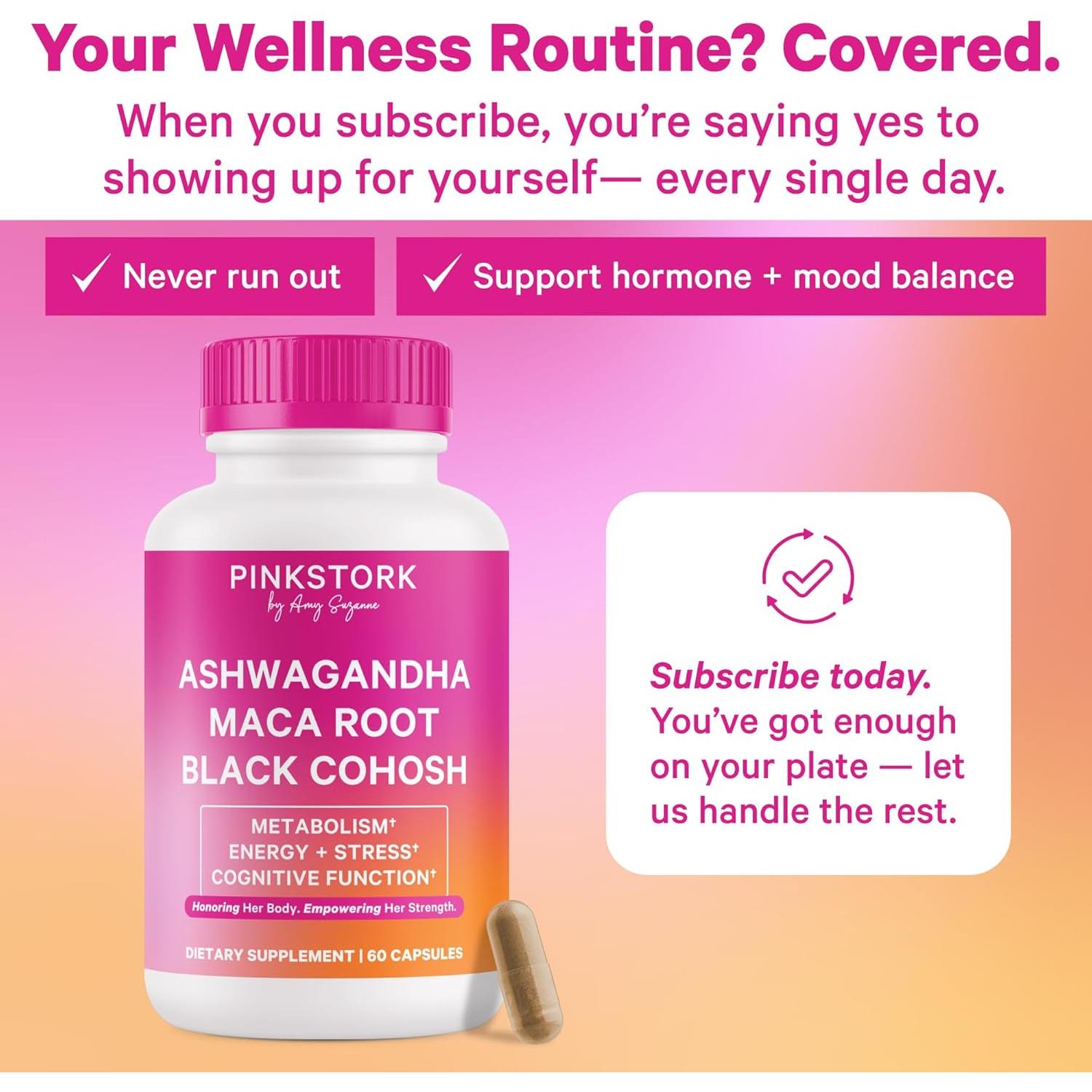 Suplemento Hormonal Pink Stork 60 Cápsulas Veganas - Ashwagandha, Maca, Cohosh Negro