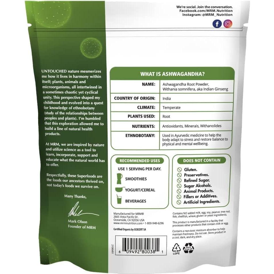 Polvo de raíz de Ashwagandha orgánico MRM 113g adaptógeno