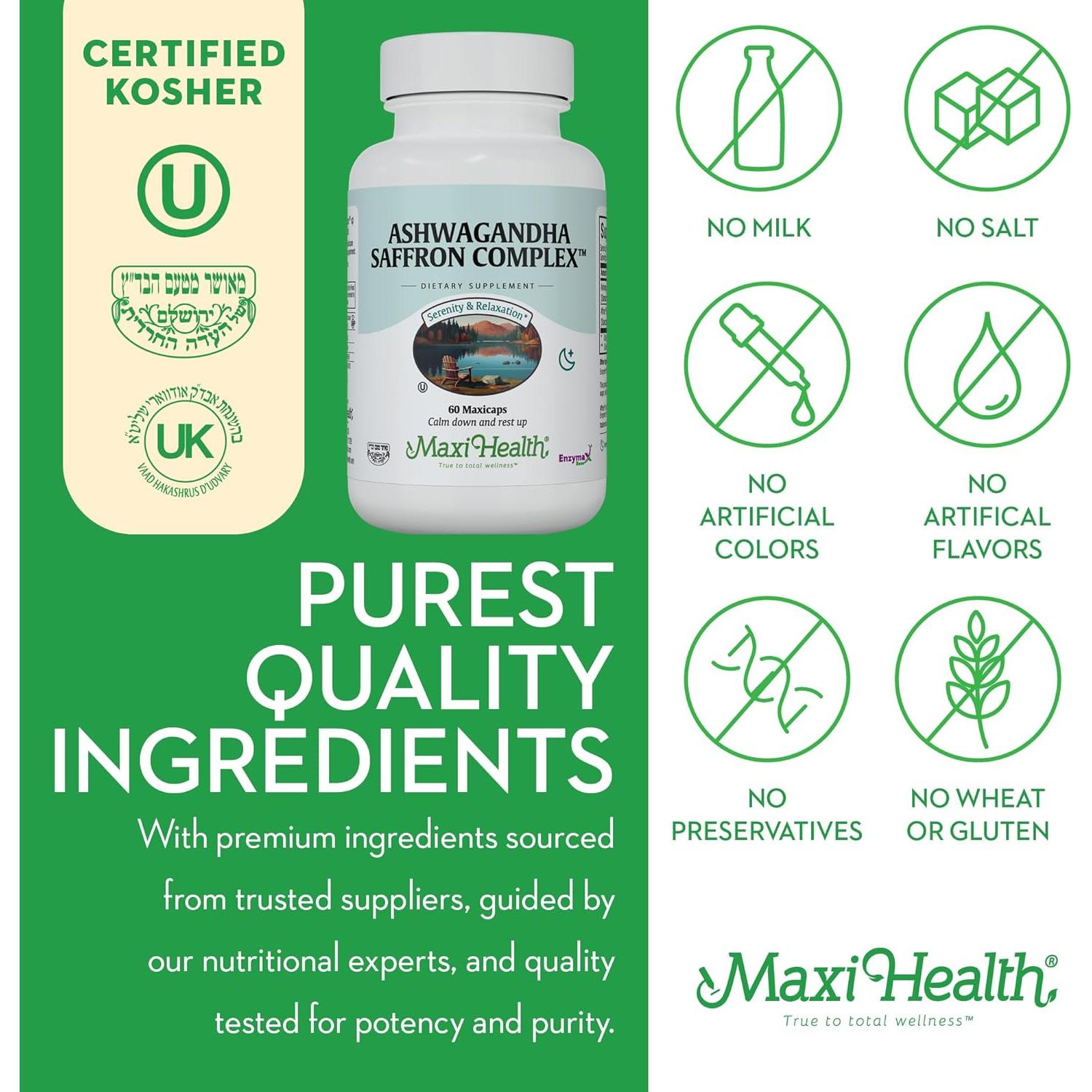 Complejo de Ashwagandha y Azafrán Maxi Health 600mg 60 Cápsulas
