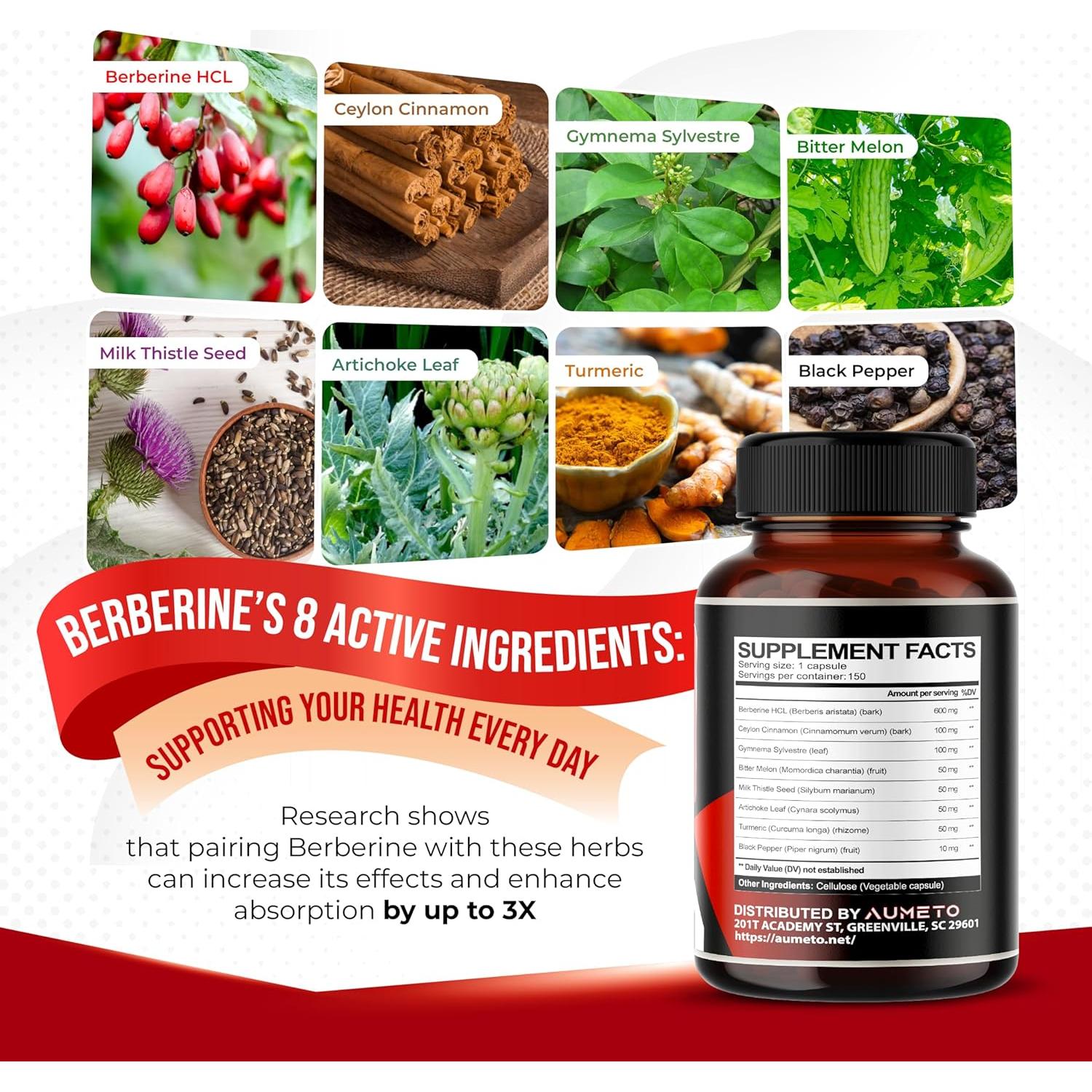 Suplemento de Berberina AUMETO 150 Cápsulas con Canela y Cúrcuma