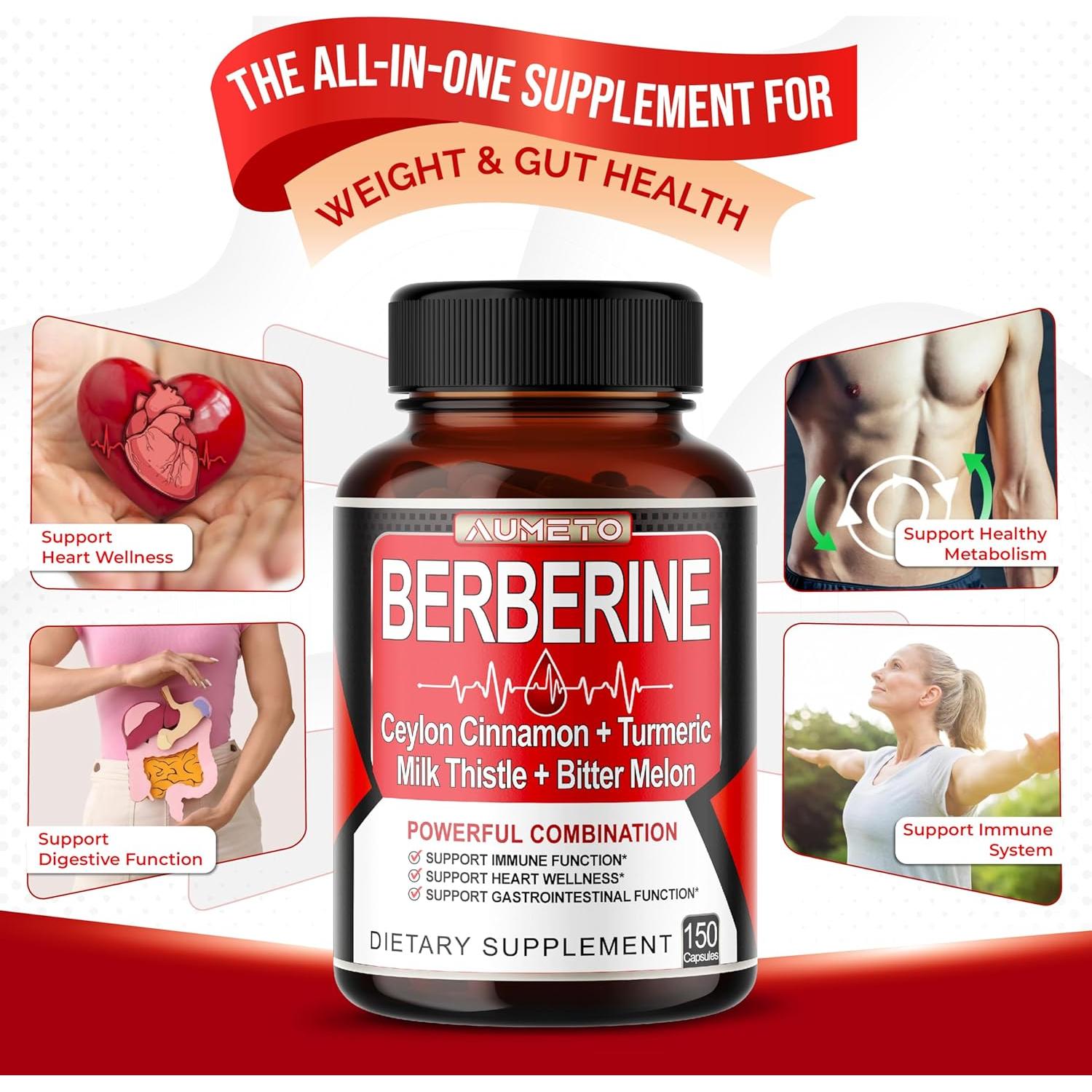 Suplemento de Berberina AUMETO 150 Cápsulas con Canela y Cúrcuma