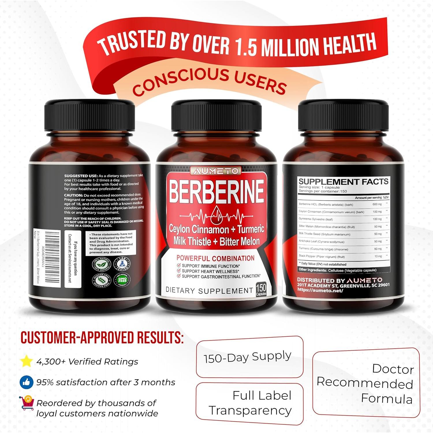 Suplemento de Berberina AUMETO 150 Cápsulas con Canela y Cúrcuma