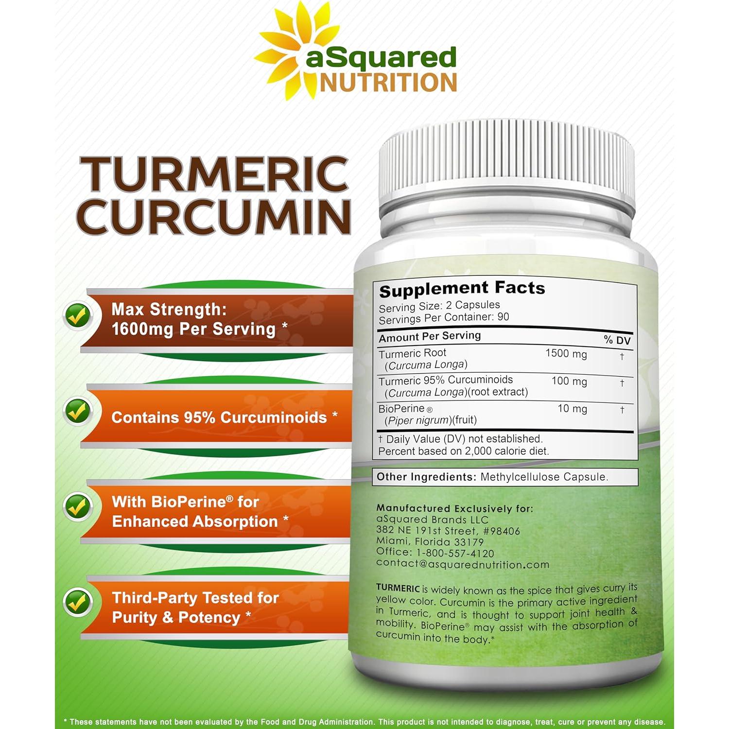 Cápsulas de Cúrcuma Curcumina 1600mg aSquared Nutrition - 180 Unidades