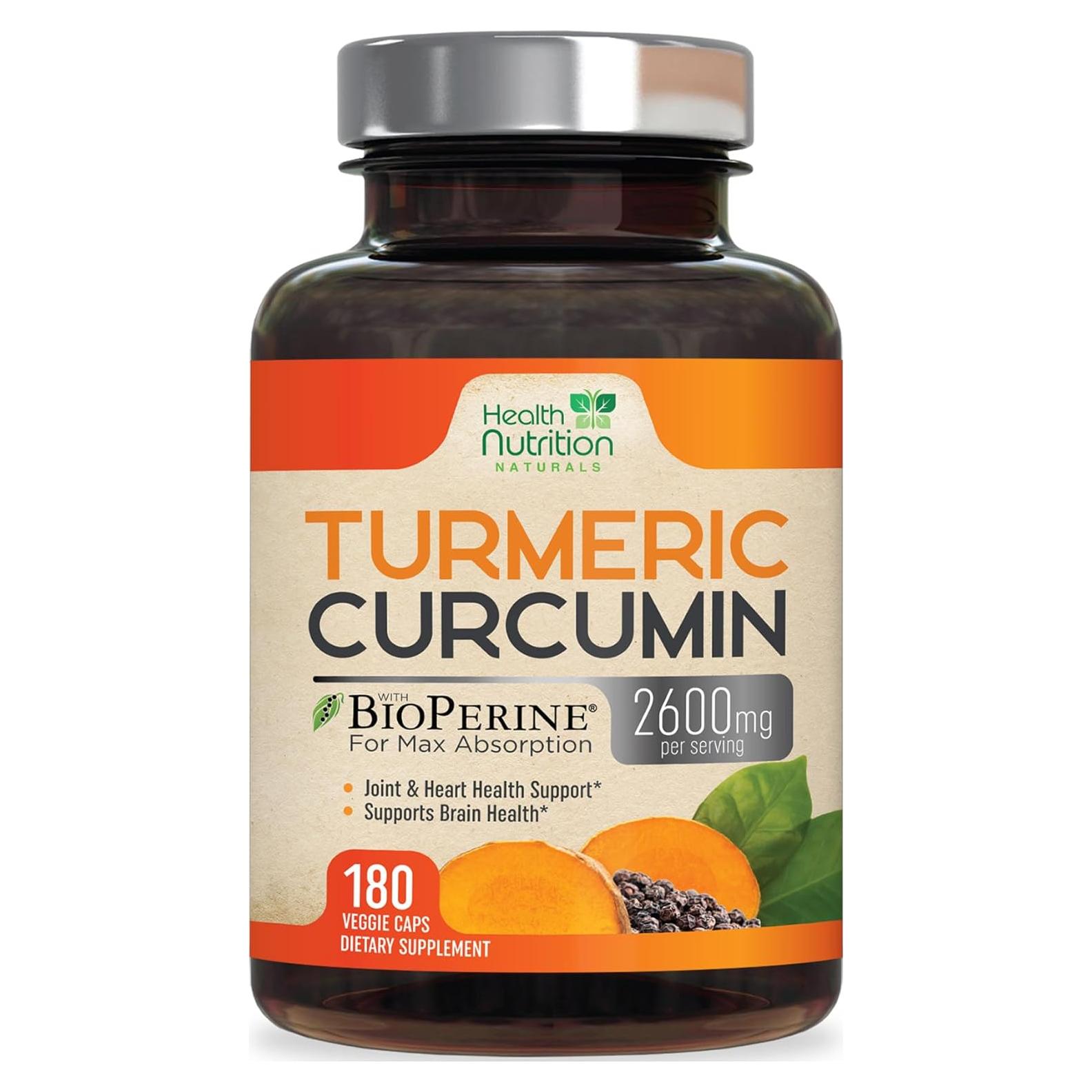 Suplemento de Cúrcuma Curcumina 2600mg con BioPerine - 180 Cápsulas