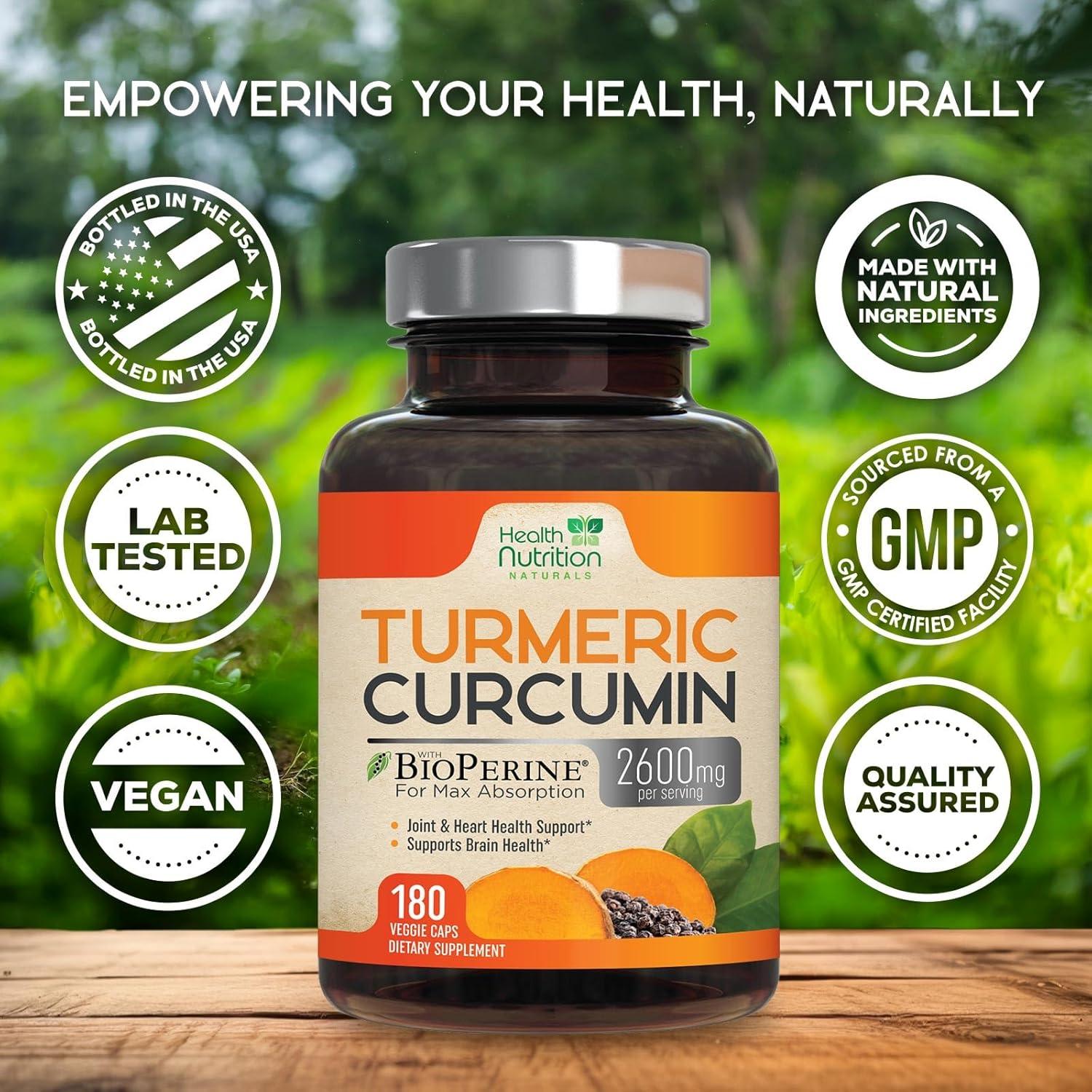 Suplemento de Cúrcuma Curcumina 2600mg con BioPerine - 180 Cápsulas