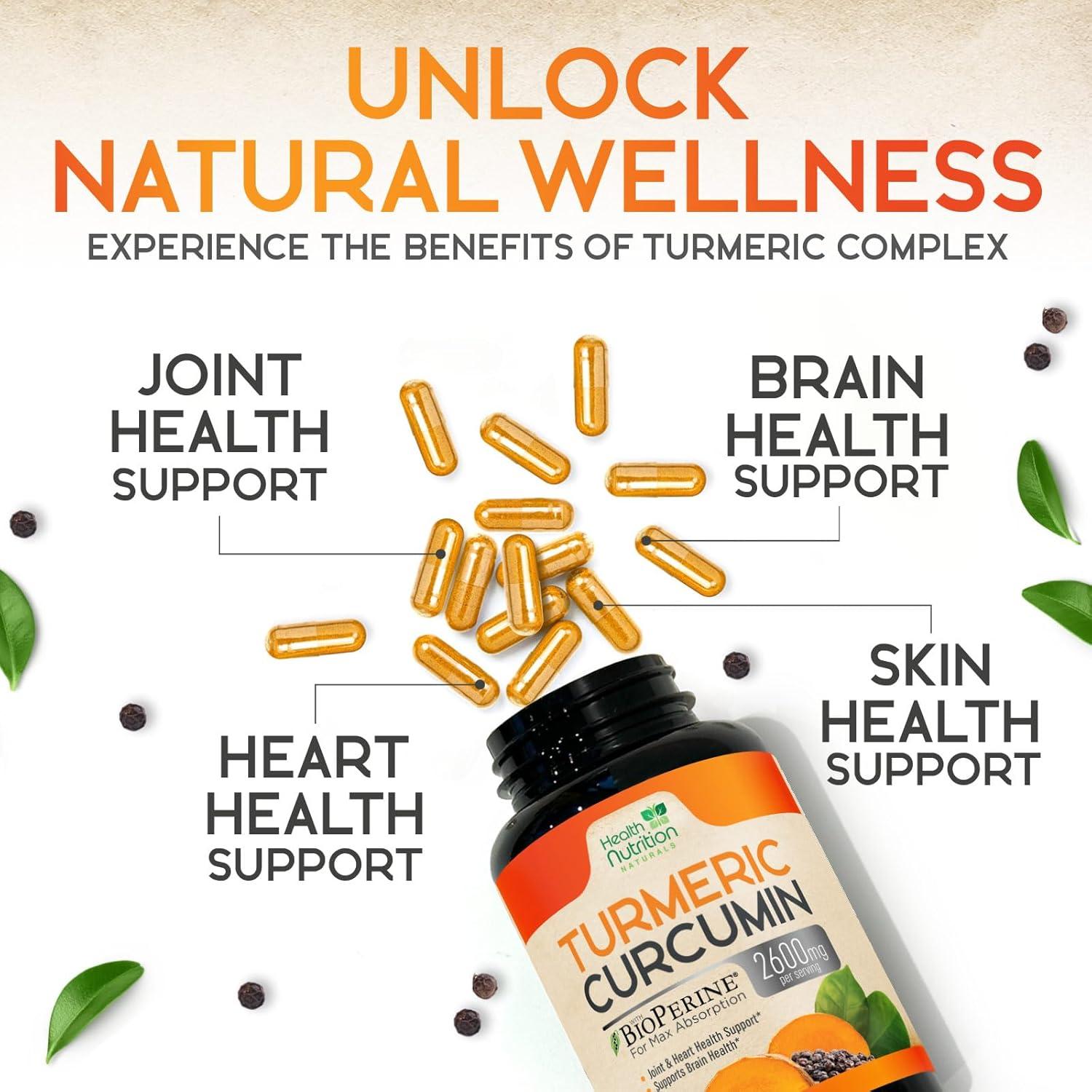 Suplemento de Cúrcuma Curcumina 2600mg con BioPerine - 180 Cápsulas