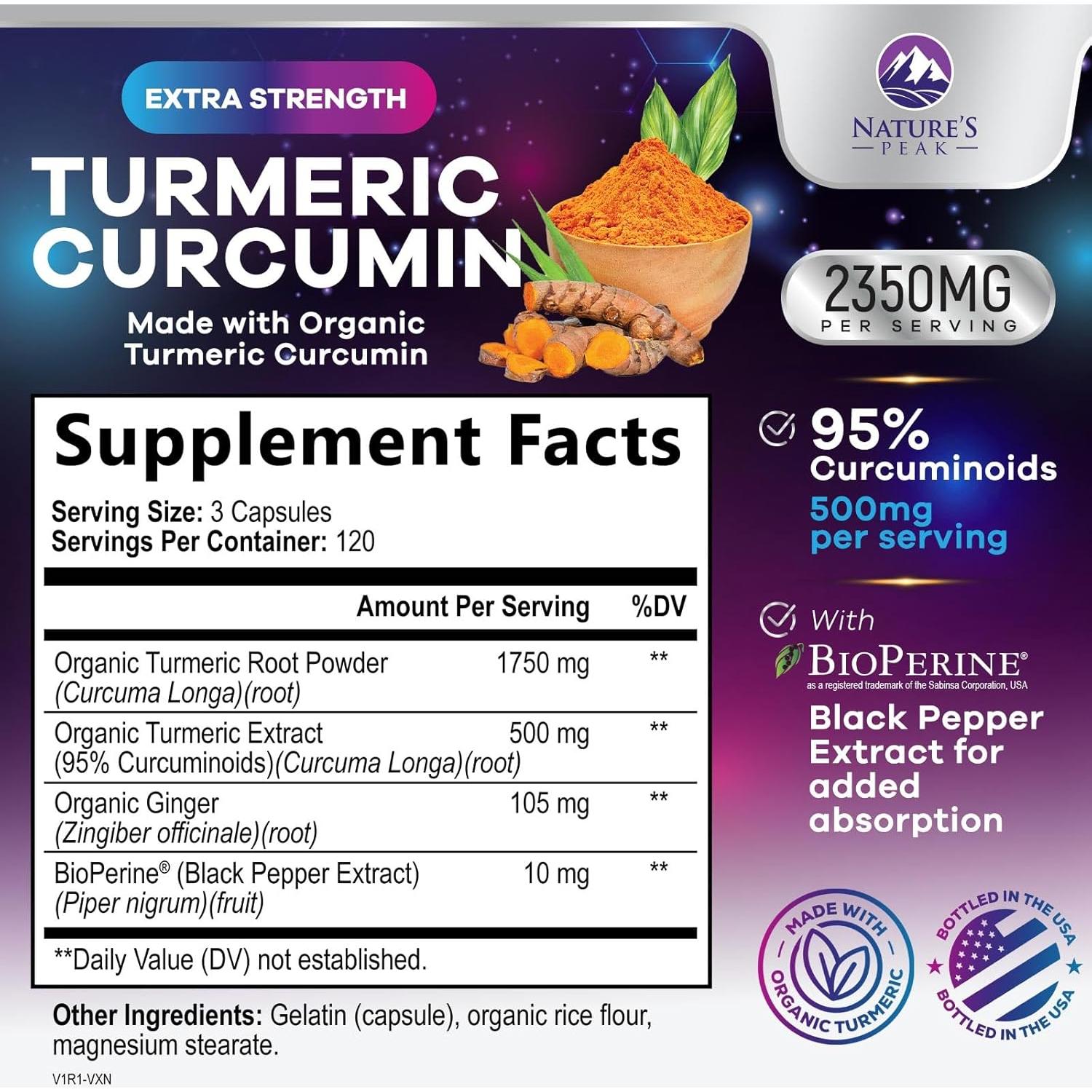 Suplemento de Cúrcuma Curcumina 2350mg Nature's Peak - 360 Cápsulas Veganas
