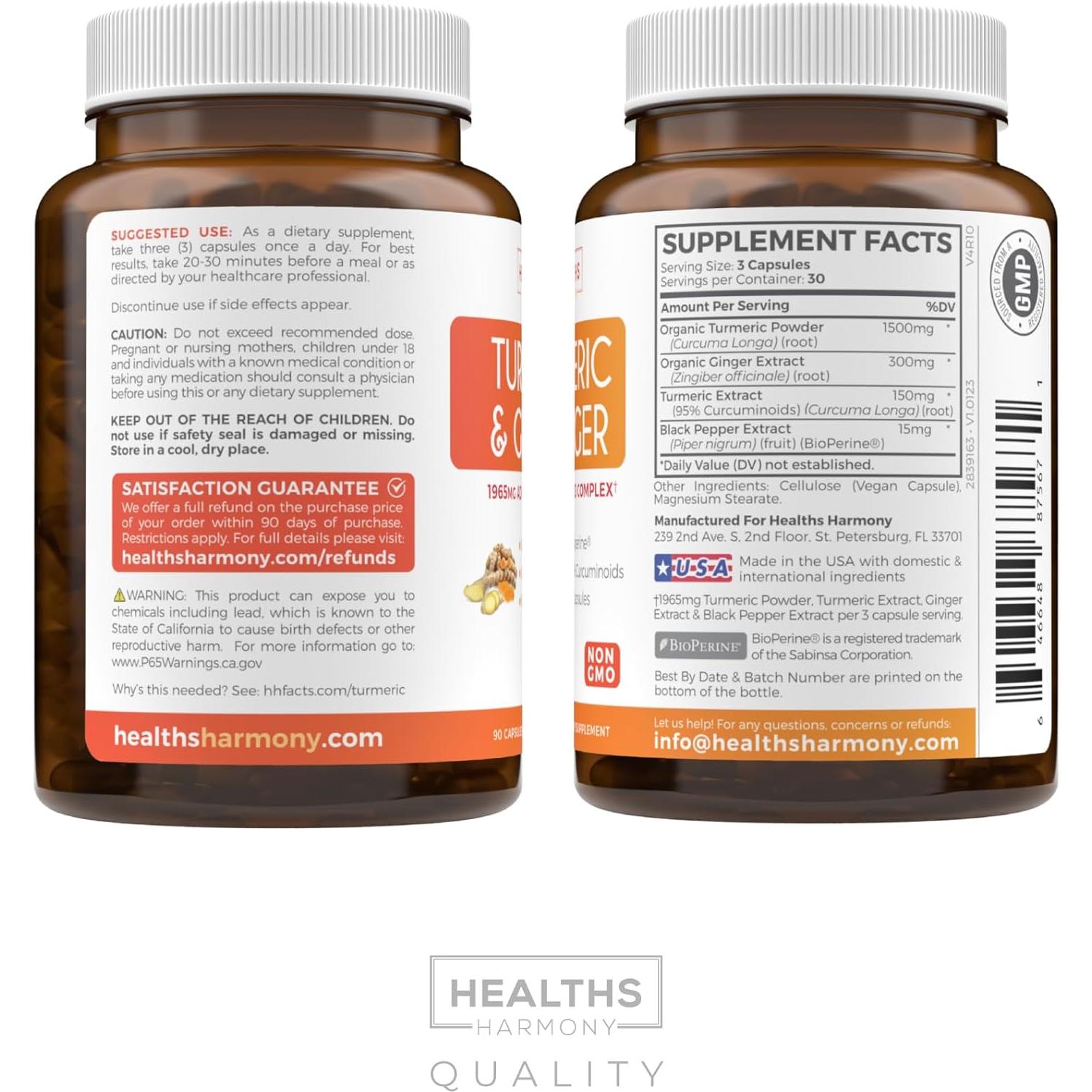 Suplemento de Cúrcuma y Jengibre Healths Harmony 1980mg 90 Cápsulas