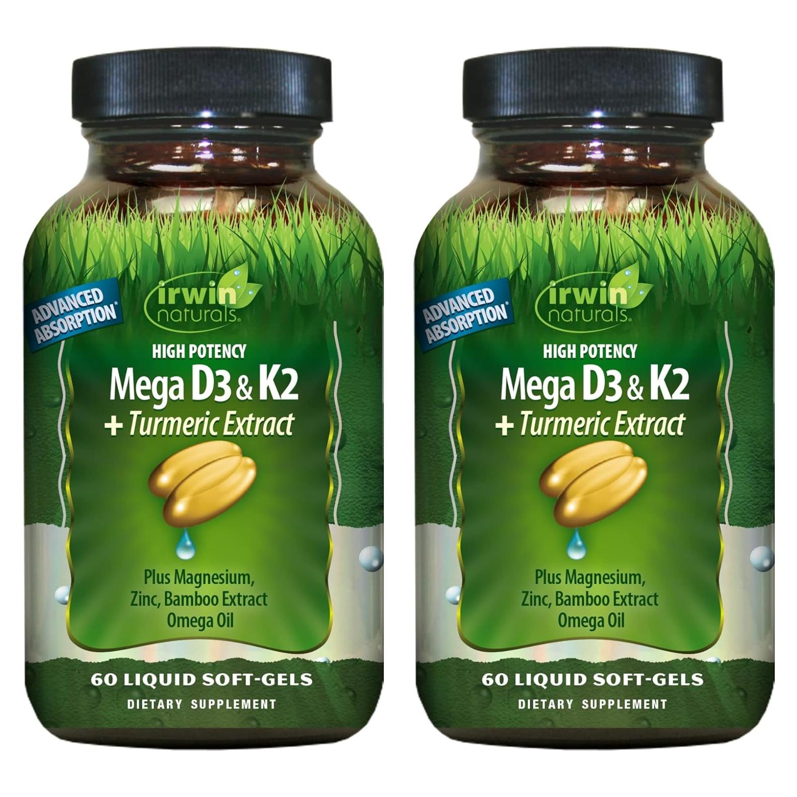 Irwin Naturals Mega D3 y K2 + Cúrcuma 60 Cápsulas Blandas