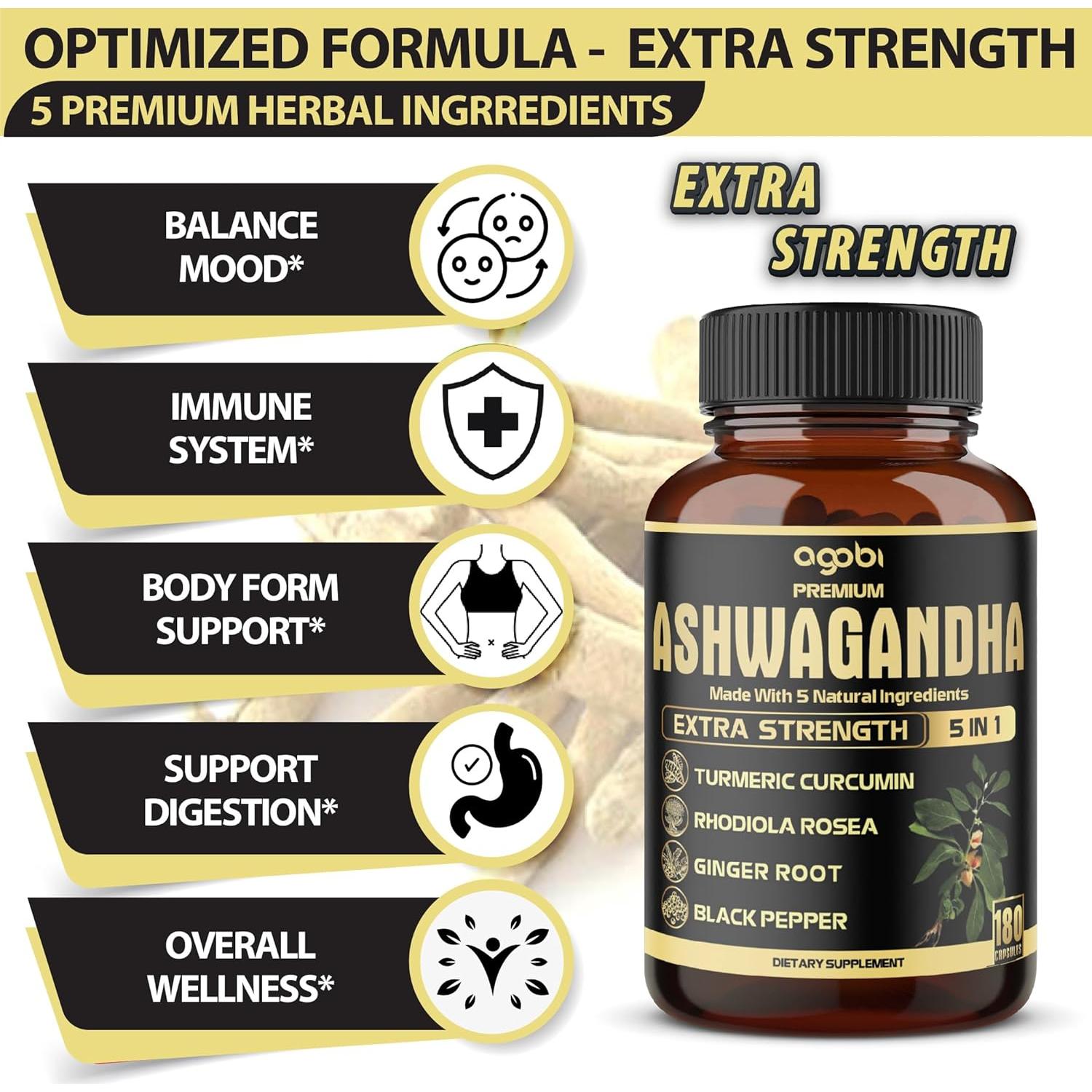 Cápsulas de Ashwagandha Agobi 180 Veganas 5en1 con Cúrcuma