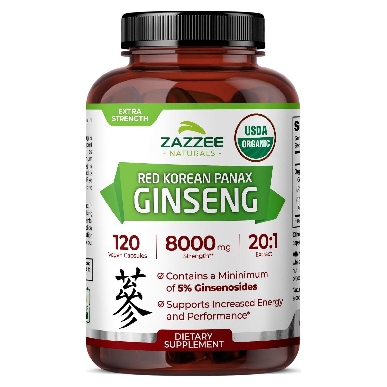Cápsulas de Ginseng Panax Coreano Rojo Orgánico Zazzee 8000 mg