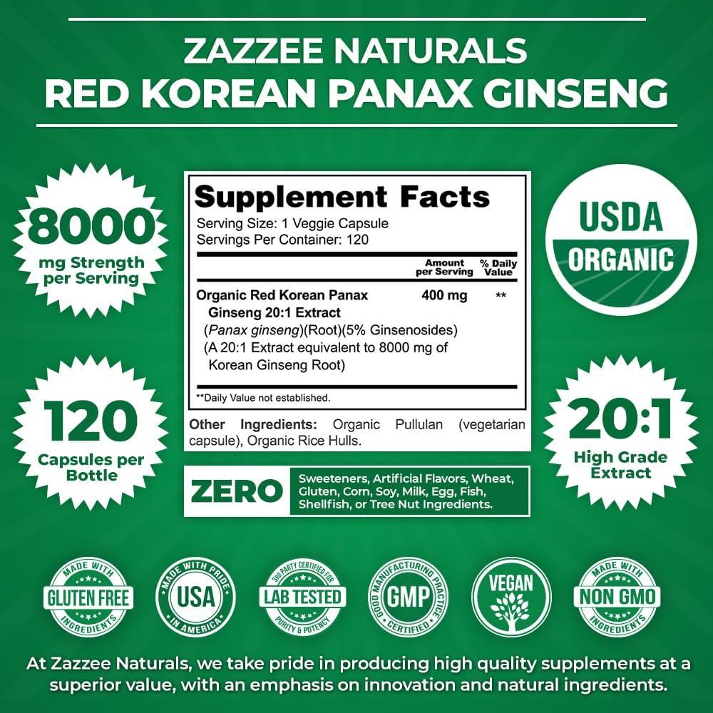 Cápsulas de Ginseng Panax Coreano Rojo Orgánico Zazzee 8000 mg
