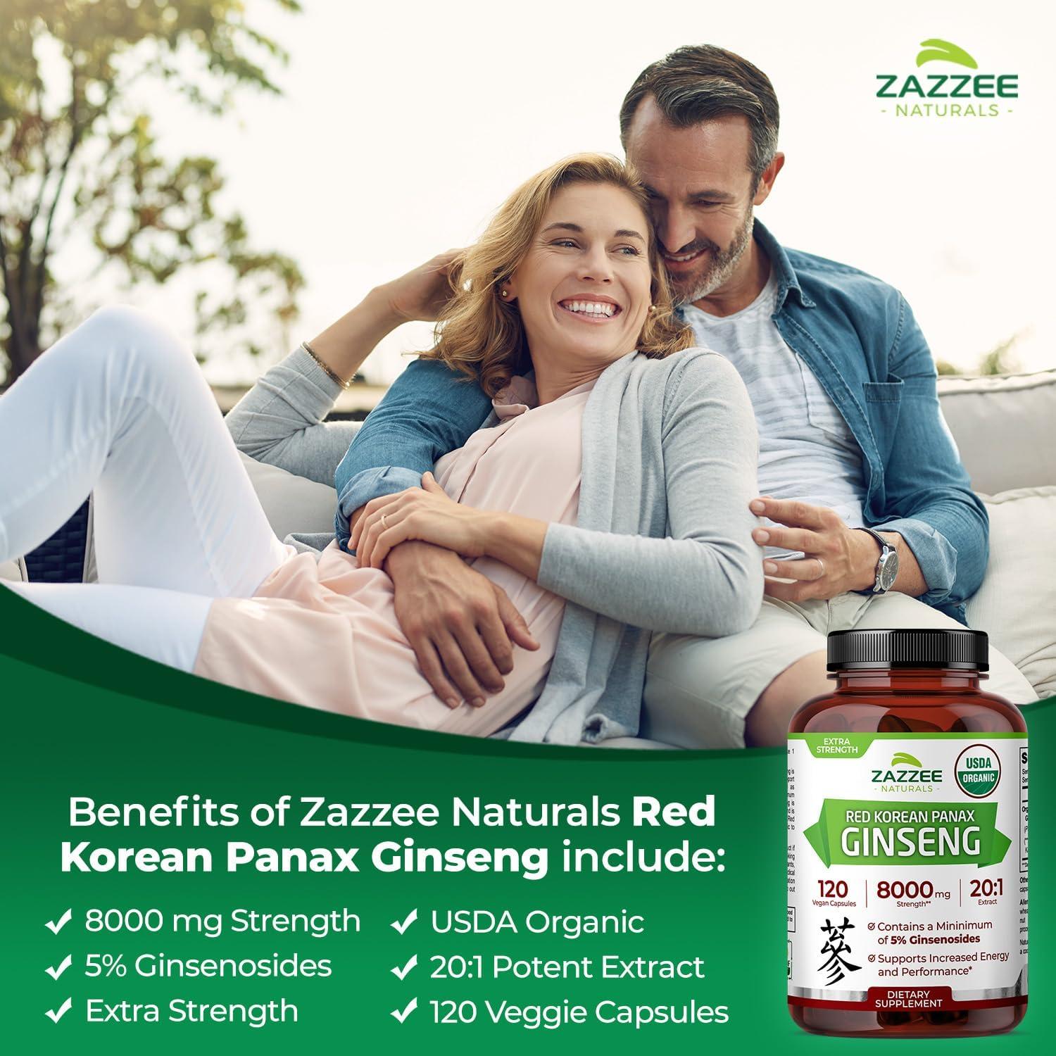Cápsulas de Ginseng Panax Coreano Rojo Orgánico Zazzee 8000 mg