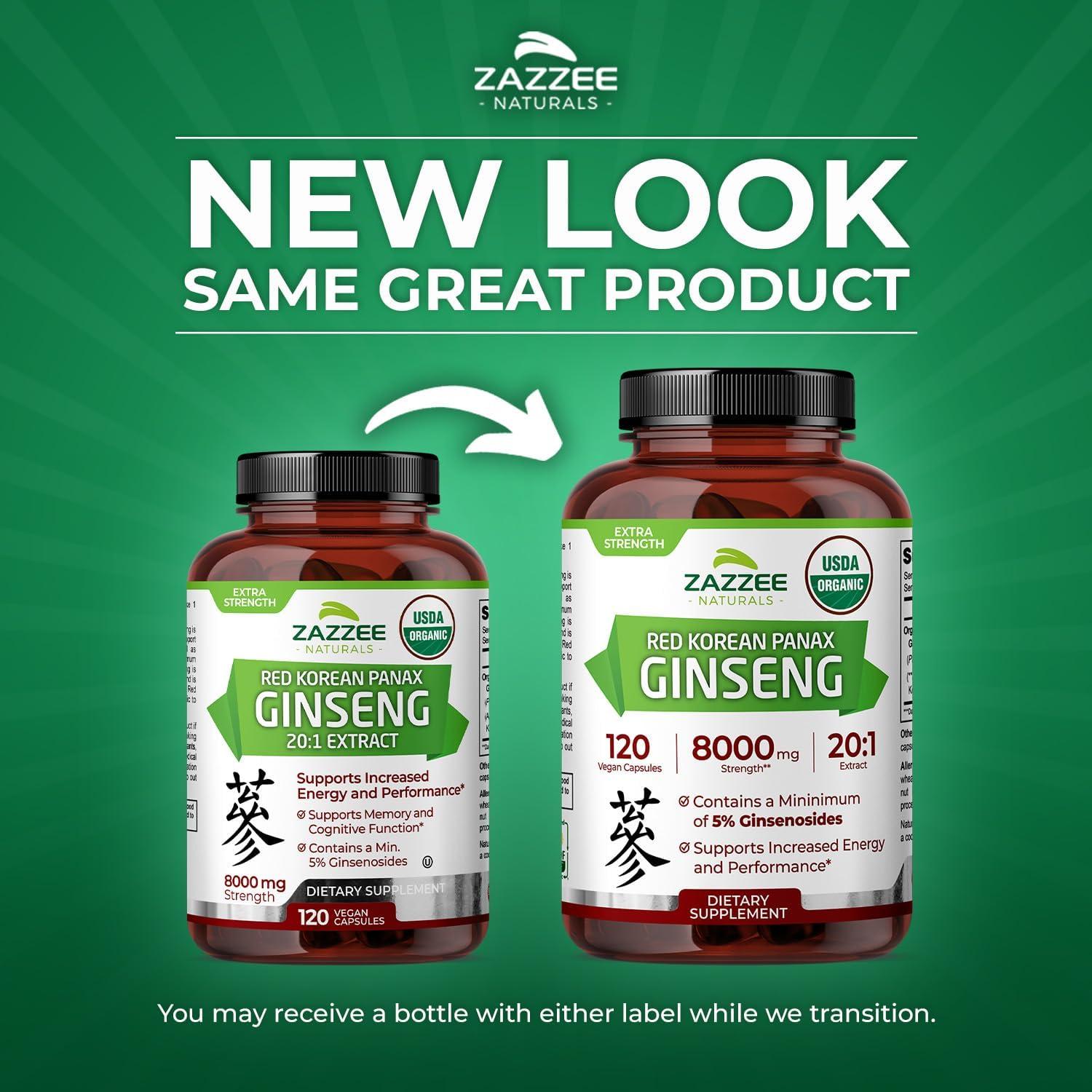 Cápsulas de Ginseng Panax Coreano Rojo Orgánico Zazzee 8000 mg