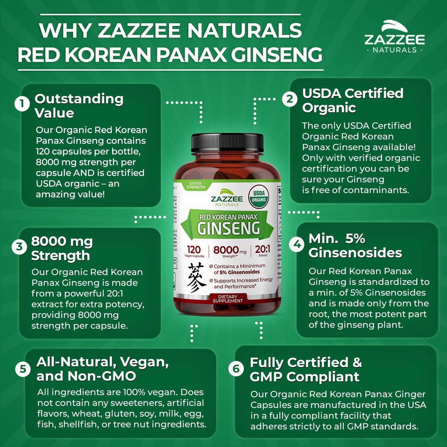 Cápsulas de Ginseng Panax Coreano Rojo Orgánico Zazzee 8000 mg