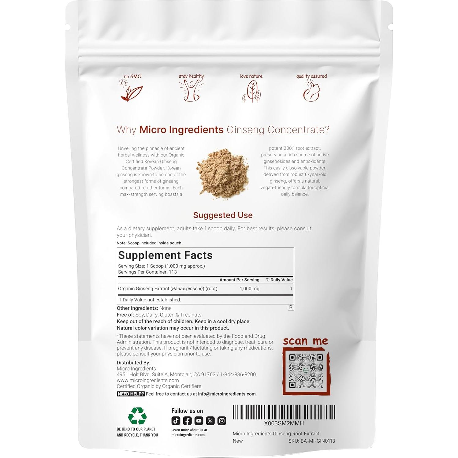 Polvo de Ginseng Rojo Coreano Orgánico Micro Ingredients 113g