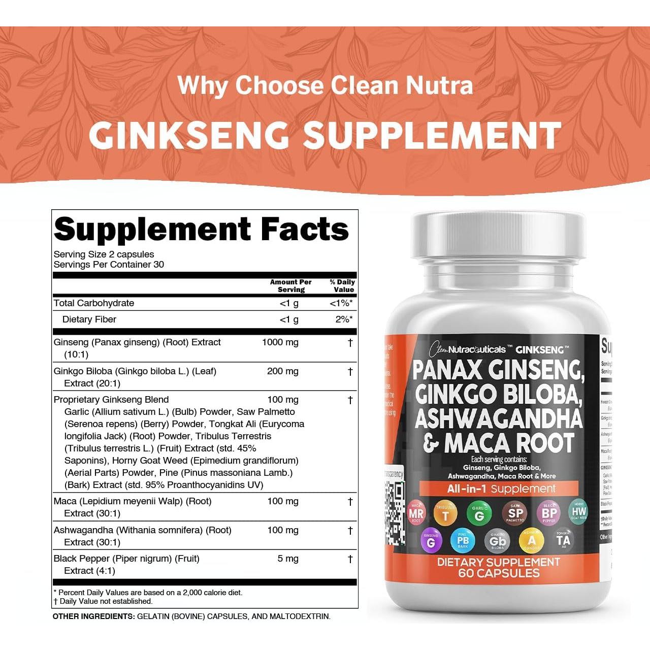 Suplemento Clean Nutraceuticals Ginseng y Ginkgo Biloba 60 Cápsulas