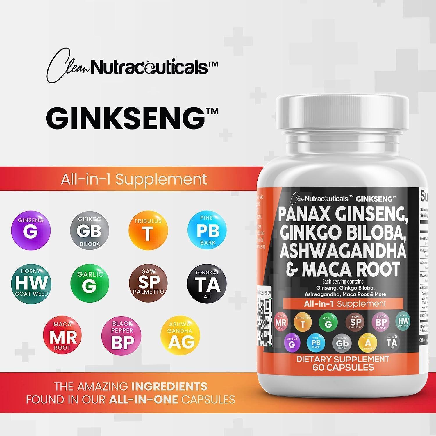 Suplemento Clean Nutraceuticals Ginseng y Ginkgo Biloba 60 Cápsulas
