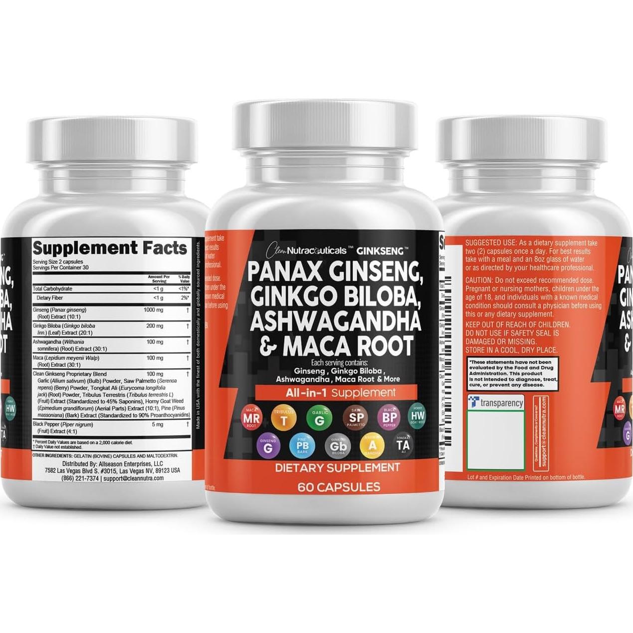 Suplemento Clean Nutraceuticals Ginseng y Ginkgo Biloba 60 Cápsulas