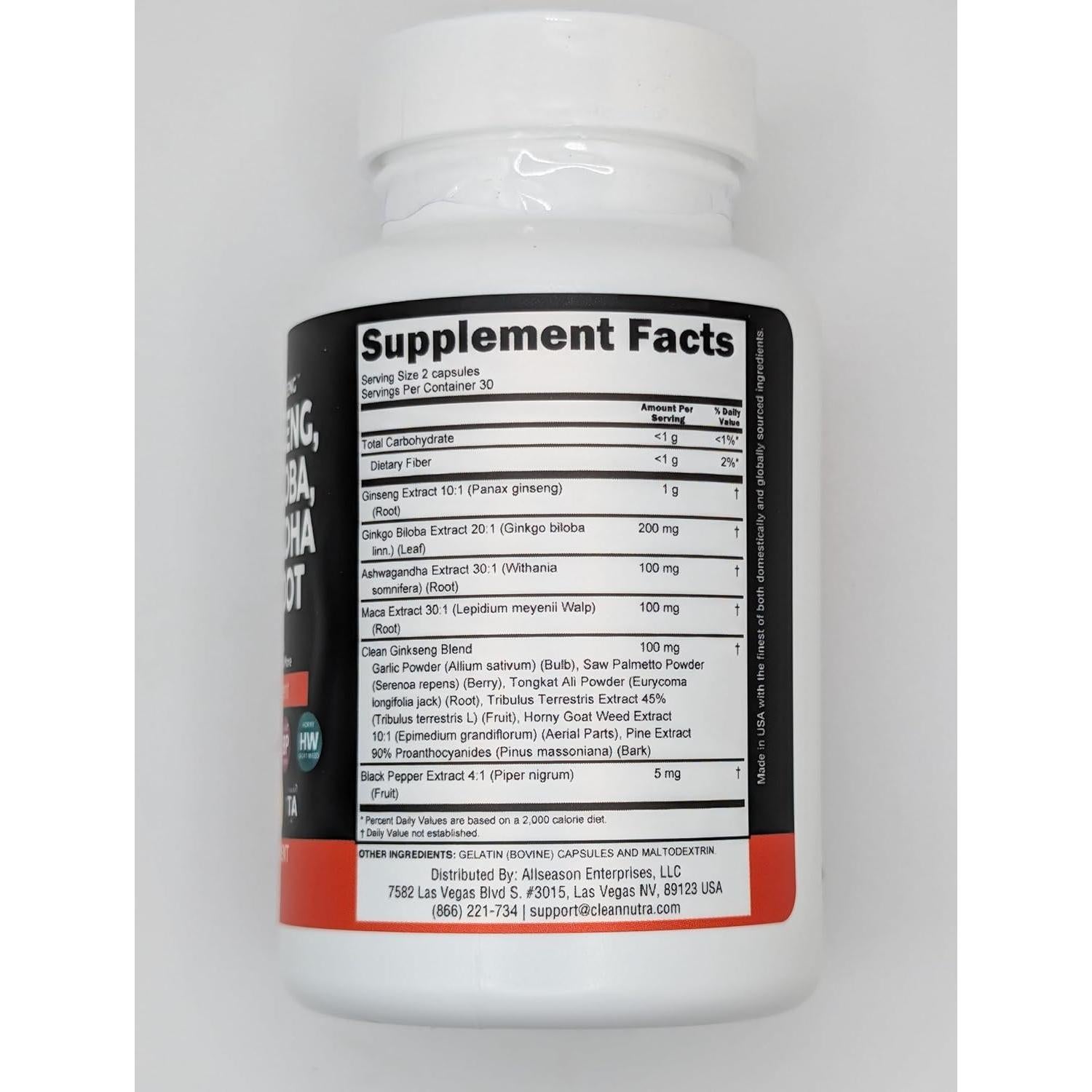 Suplemento Clean Nutraceuticals Ginseng y Ginkgo Biloba 60 Cápsulas