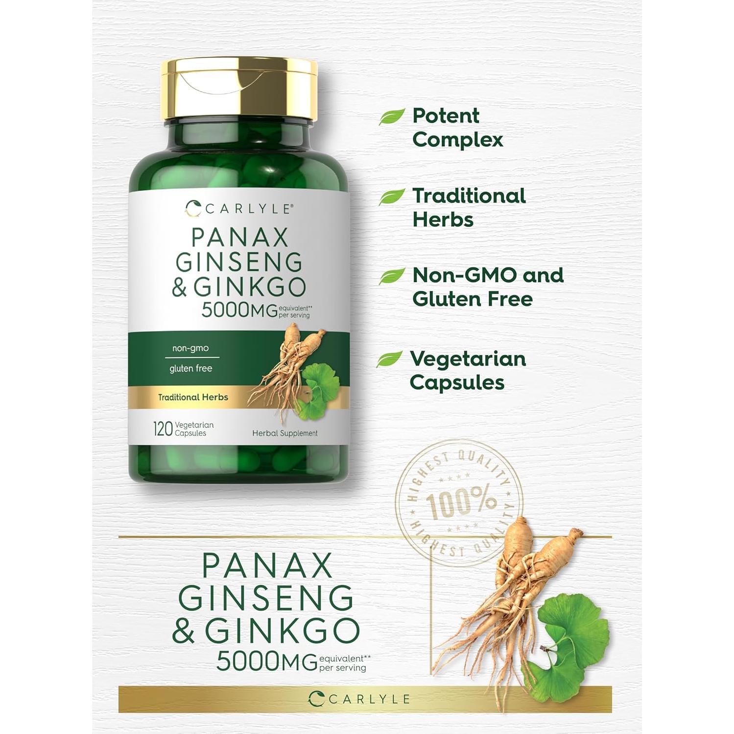 Cápsulas Vegetarianas Carlyle Ginseng y Ginkgo 5000mg - 120 Unidades